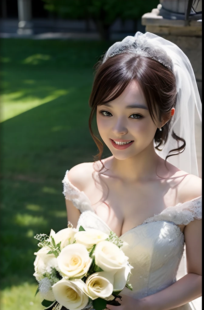 downbrouse、(Detailed Wedding Dresses:1.2)、(realisitic、Photorealsitic、ultra-detailliert、Highest Details Skins、top-quality、​masterpiece、超A high resolution)、Realistic skin type、japanes、23years old、Very pretty girl、short-cut、Shot from above、outside church、shot from a side angle、look at a camera、Cute smile、tiarra