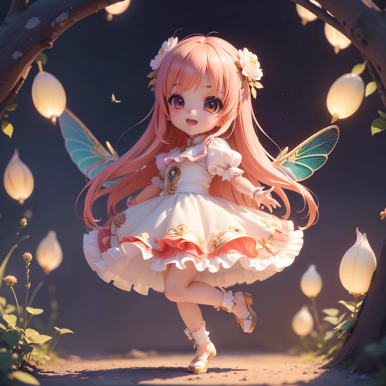 (((Super masterpiece、top-quality、ultra-detailliert、女の子1人、Chibi:1.5)))、Dragonfly wings grow on the back、nighttime scene、Open your mouth and smile、Jumping