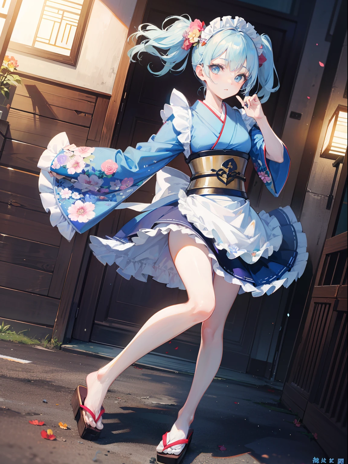 Best Quality, (Extremely detailed: 1.5), masutepiece, 超A high resolution,(photographrealistic:1.4), 1 girl, Cowboy Shot, (G-string underwear:1.4), (Wear battle armor:1.6), (Floral light blue kimono:1.6), (maid:1.6), Light blue maid micro skirt, Light blue hair, (hair messy:1.2), (two side up:1.6), (Big eyes:1.1), (Raw feet:1.3), Wind, Dynamic Angle, Cute Pose, From above