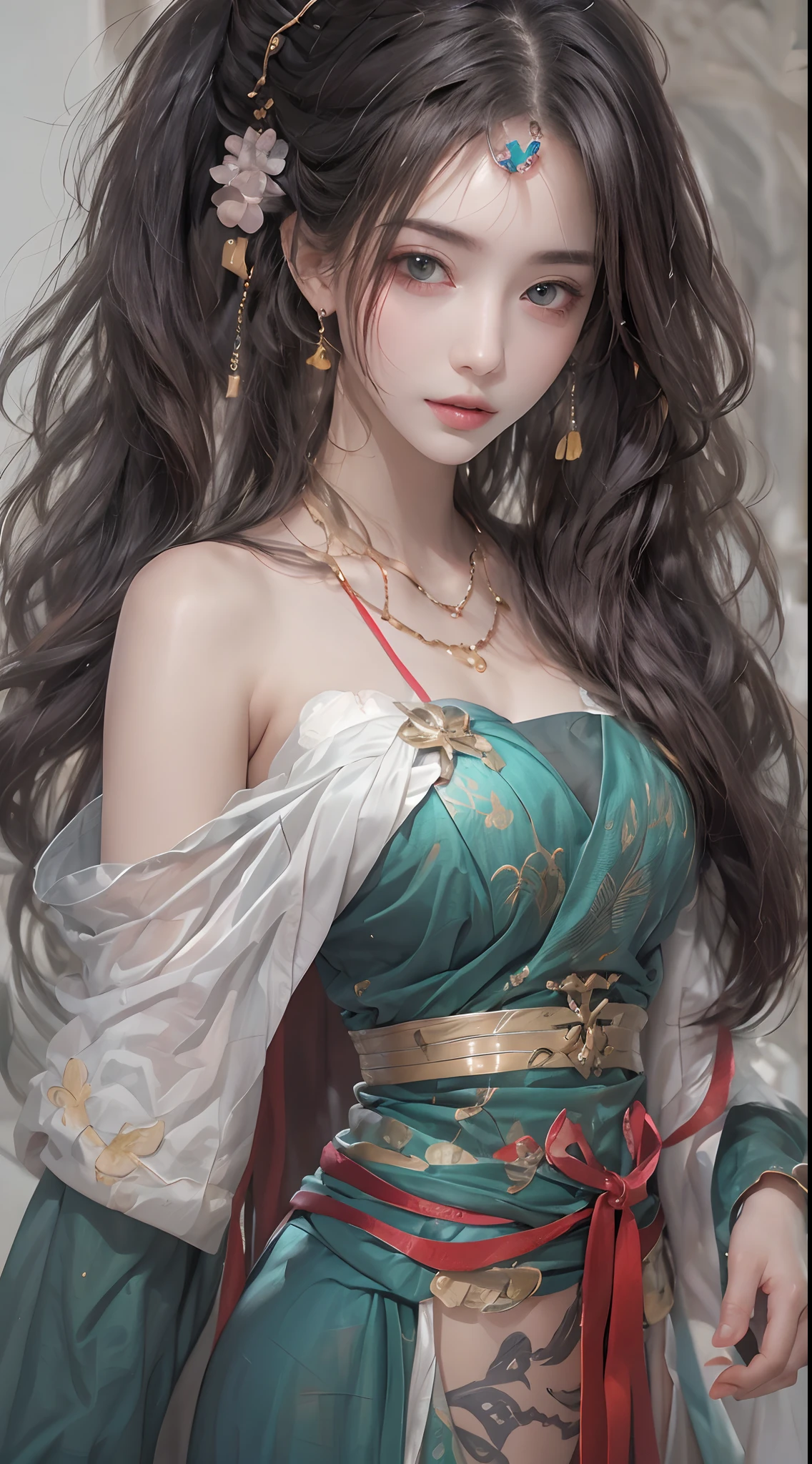 Photorealistic, high resolution, 1 woman, hips up, Beautiful eyes, Long hair, ringed eyes, jewelry, tattoo, hanfu, Chinese fairy