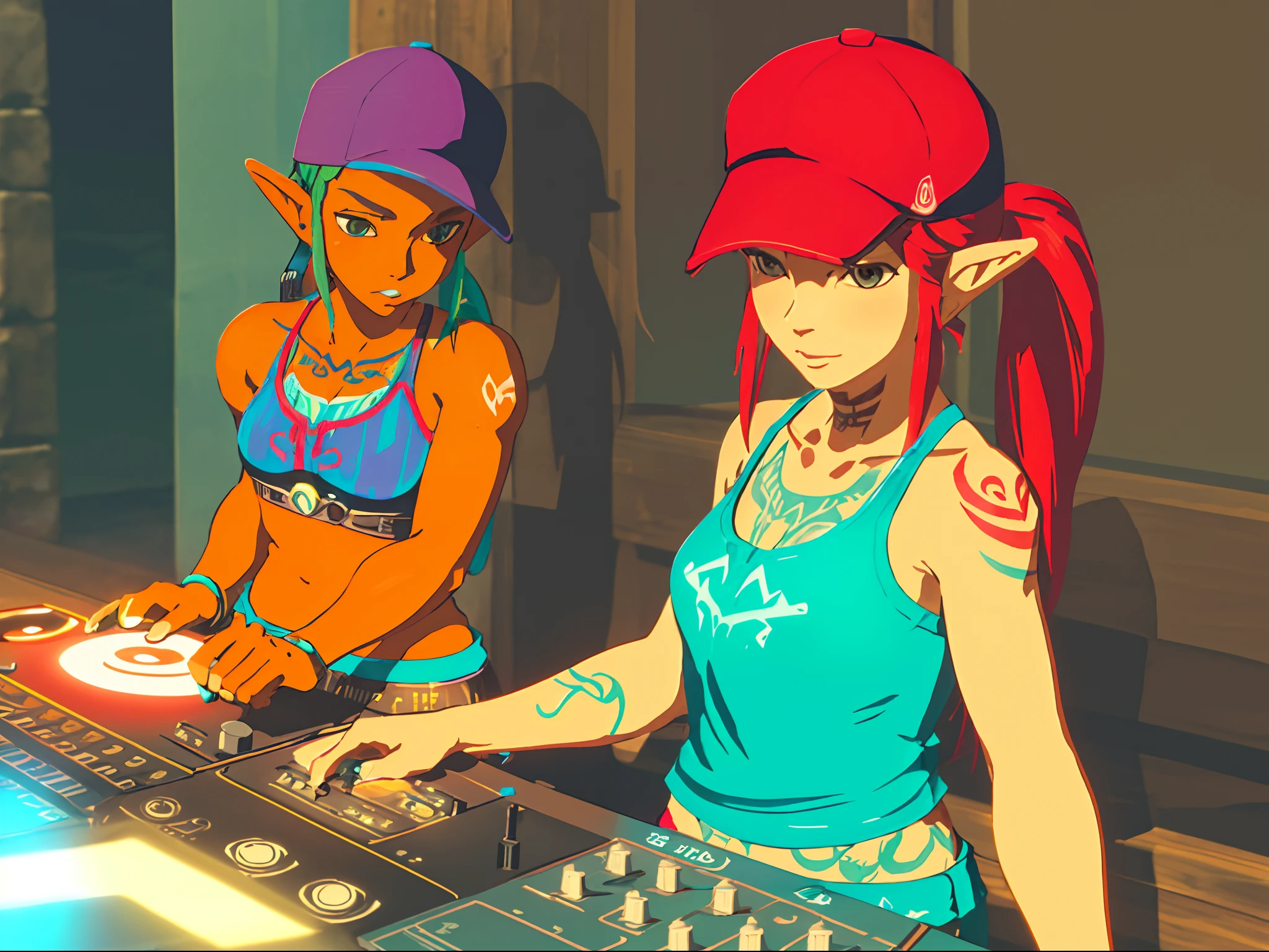 lofi vibes lofi colours woman in tank top and trucker cap with tattoos in her 20s recline relaxing at her dj decks botw style