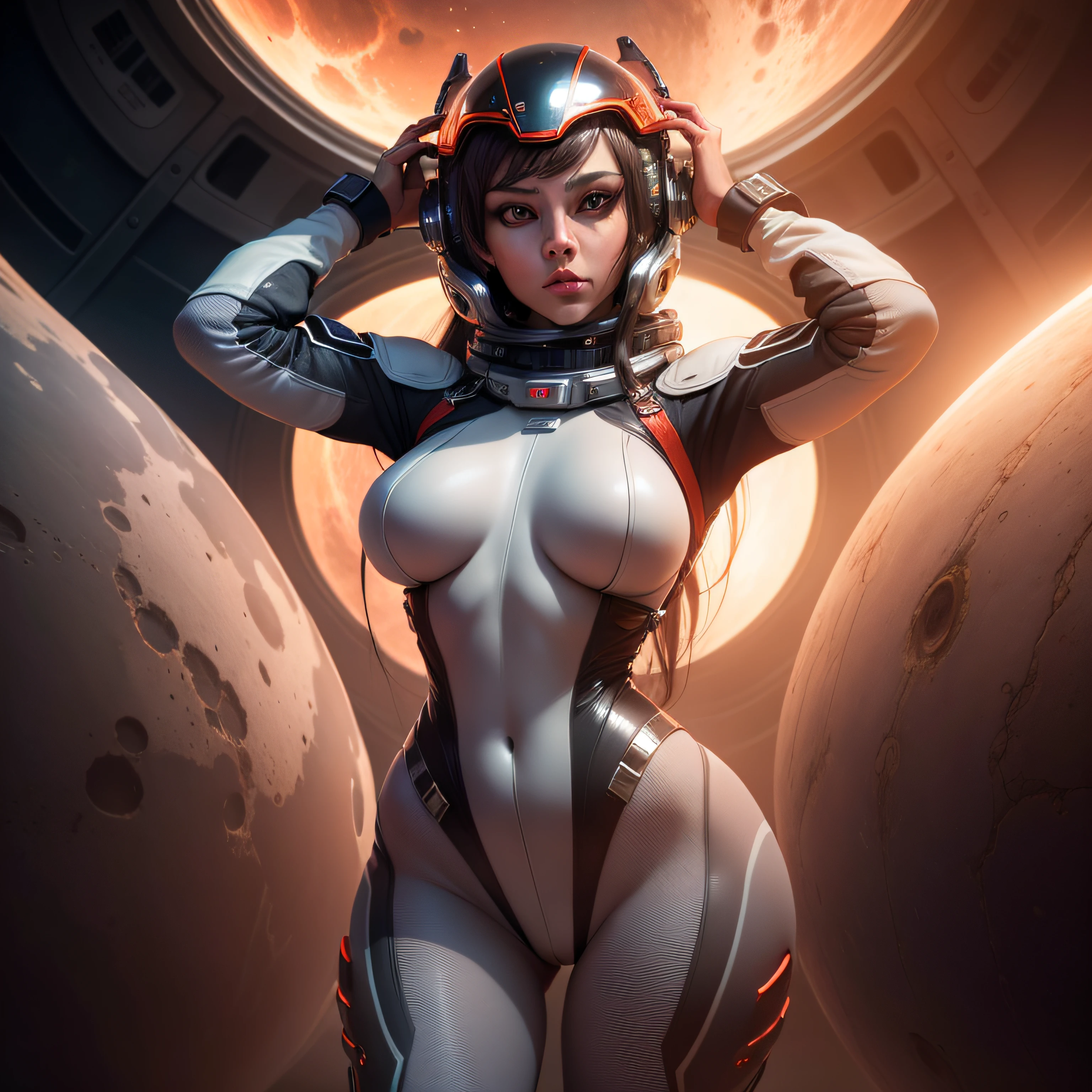 "(Highest image quality), (incredibly detailed), (photo-realistic:1.1) 1girl, depicting a female space alien, skin tight space suit, breasts, sexy, erotic, seductive, sleek futuristic helmet, beautiful face, space, universe, standing on mars red planet."