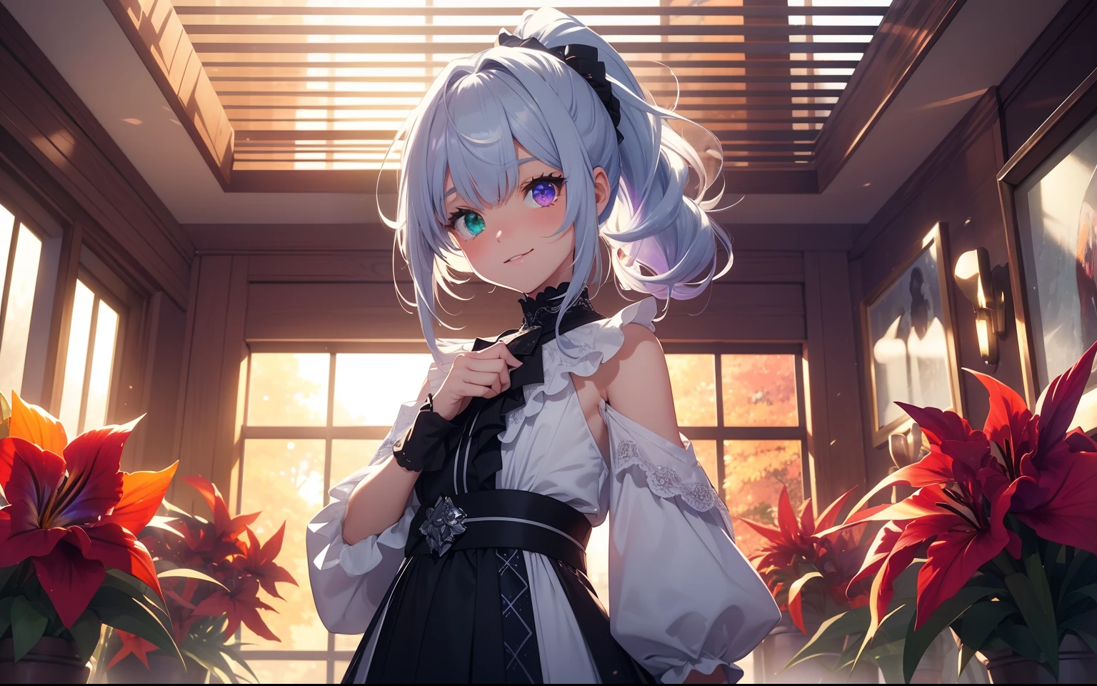top-quality, Photorealsitic, ultra-detailliert, Delicate, orderly, high detailing,, , Embarrassing, Smile, slender, Cowboy Shot, Blurred background, (1Girl of Man: 1.1), Game CG, Dynamic Angle, (bioluminous hair, Glowing eyes: 1.2), Ambient Occlusion, ambient lights, ray tracing reflection, Glow, glowing aura, Glowing hair,bluish-silver ponytail, (Drooping heterochromia iris:1.3),autumnal、Autumn clothes、
cluster amaryllis,cluster amaryllis flower garden,