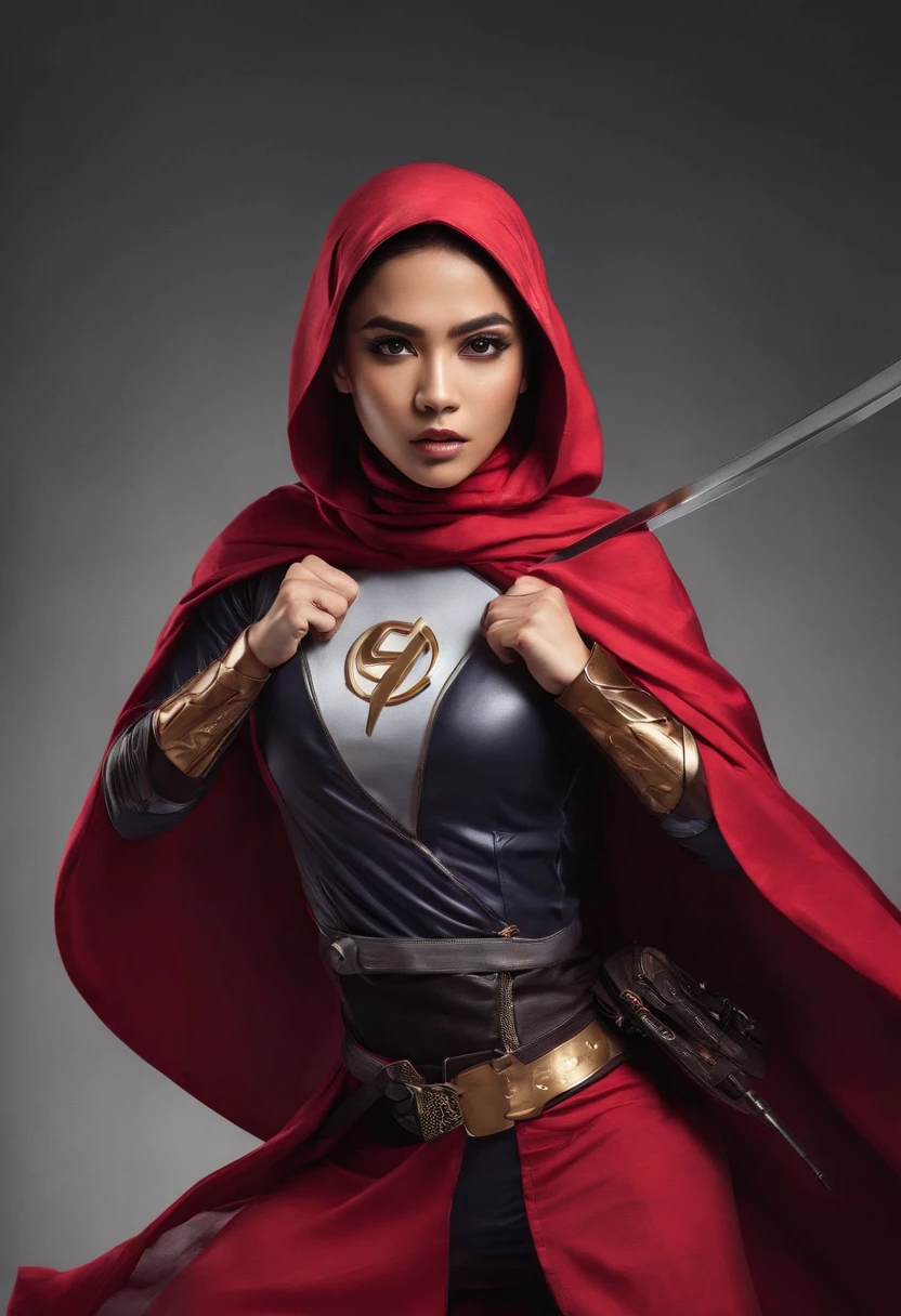 Compose a striking photography artwork featuring a Malay girl in hijab dressed as a superhero, wielding a blade as her weapon, caught in an intense and dynamic fighting action pose. Utilize dramatic lighting and high-speed photography techniques to freeze the action and highlight the details of her costume and blade. Incorporate a backdrop that conveys the urgency of the battle, with elements that enhance the heroic ambiance. Capture the strength and determination in her expression, emphasizing the empowerment and courage of this modern-day superheroine