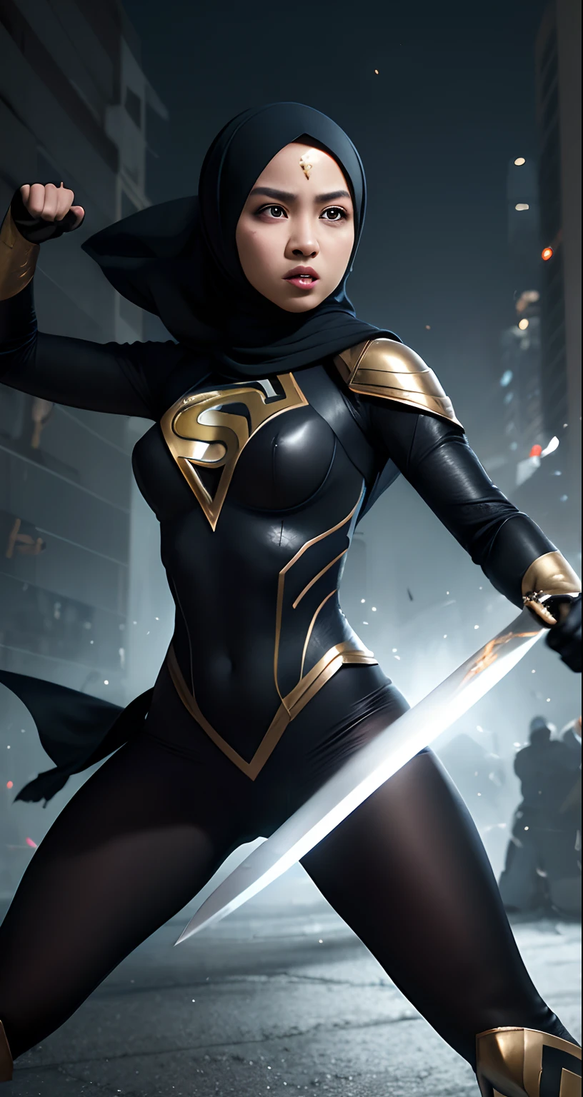 Compose a striking photography artwork featuring a Malay girl in hijab dressed as a superhero, wielding a blade as her weapon, caught in an intense and dynamic fighting action pose. Utilize dramatic lighting and high-speed photography techniques to freeze the action and highlight the details of her costume and blade. Incorporate a backdrop that conveys the urgency of the battle, with elements that enhance the heroic ambiance. Capture the strength and determination in her expression, emphasizing the empowerment and courage of this modern-day superheroine