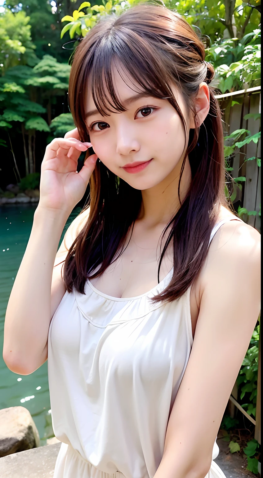 8k, highest quality, genuine,Close-up of a  woman、
big breasts、white skin、

Japanese model with a scared face、
young gravure idol、
Young and cute gravure idol、
リアルなyoung gravure idol、
realistic gravure idol、
young gravure idol、
sophisticated gravure idol、
camping club、((naked apron))、Camping alone、I can see the nipples、You can see all your breasts、the whole body is wet with water、looking at the viewer、