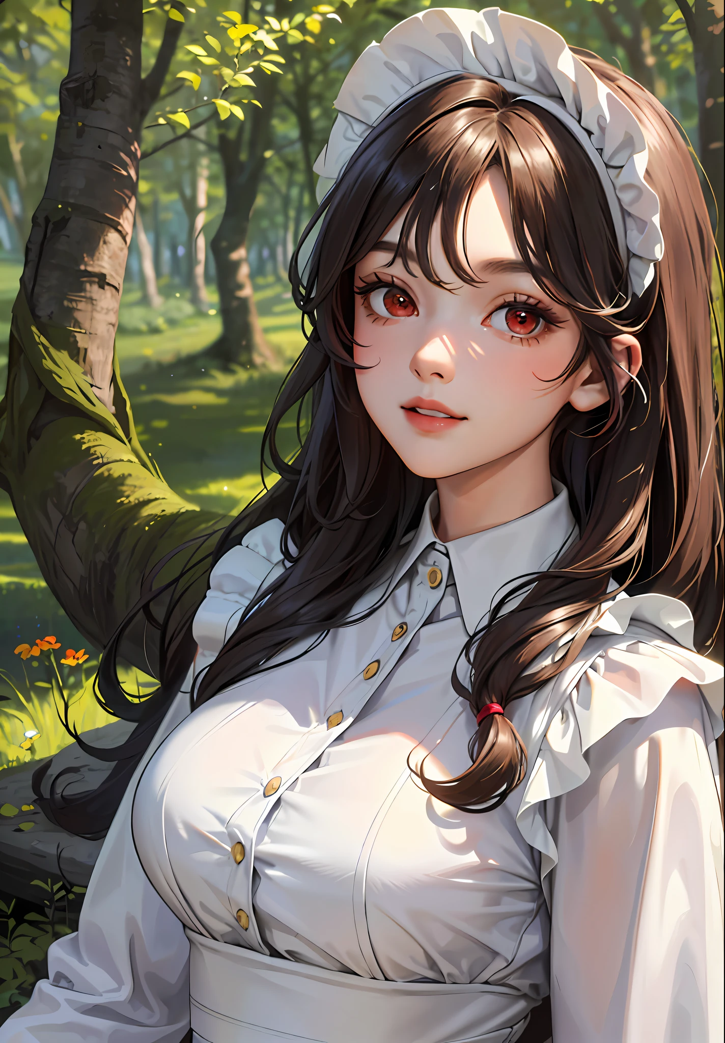 (masterpiece:1.2, best quality), (30 years old,solo, upper body:1.2), Clothing: Maid outfit, ((conservatively dressed)), Hair: Big wavy curls, Makeup: Natural, glowing skin, Behavior: relaxed, carefree, free-spirited, Location: wild, forest, Tyndall effect, outdoor festival, red eyes, big bust