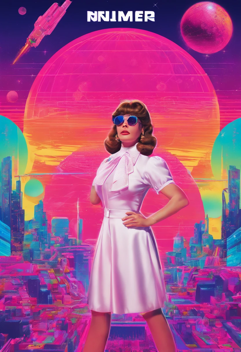 Image of a woman in a white dress standing in front of a group of people, 7 0 s sci - arte fi, mulher atraente do cabelo castanho, Ainda quadro de um filme, hipermaximalista, promotional render, por Menez, cosmic bjork, Punk a vapor, Velma, Ataques a Marte, por volta de 1970, CP2077