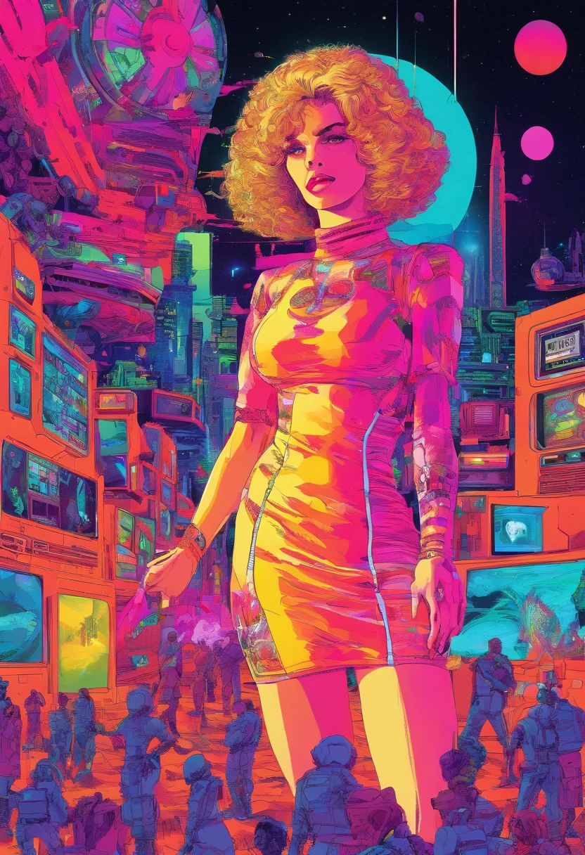 Image of a woman in a white dress standing in front of a group of people, 7 0 s sci - arte fi, mulher atraente do cabelo castanho, Ainda quadro de um filme, hipermaximalista, promotional render, por Menez, cosmic bjork, Punk a vapor, Velma, Ataques a Marte, por volta de 1970, CP2077