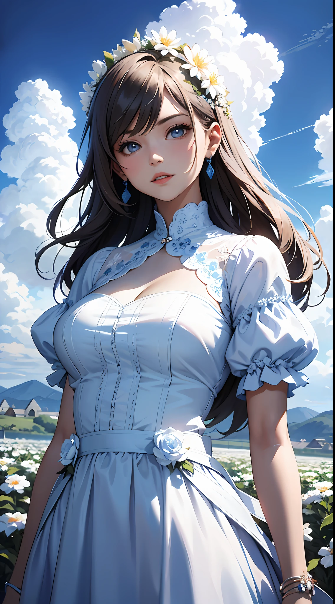 A woman in a white dress,Blue sky and clouds in background, wearing blue dress,There are flowers on it, Art germ, Rosla global lighting, a detailed painting, Fantasy art
