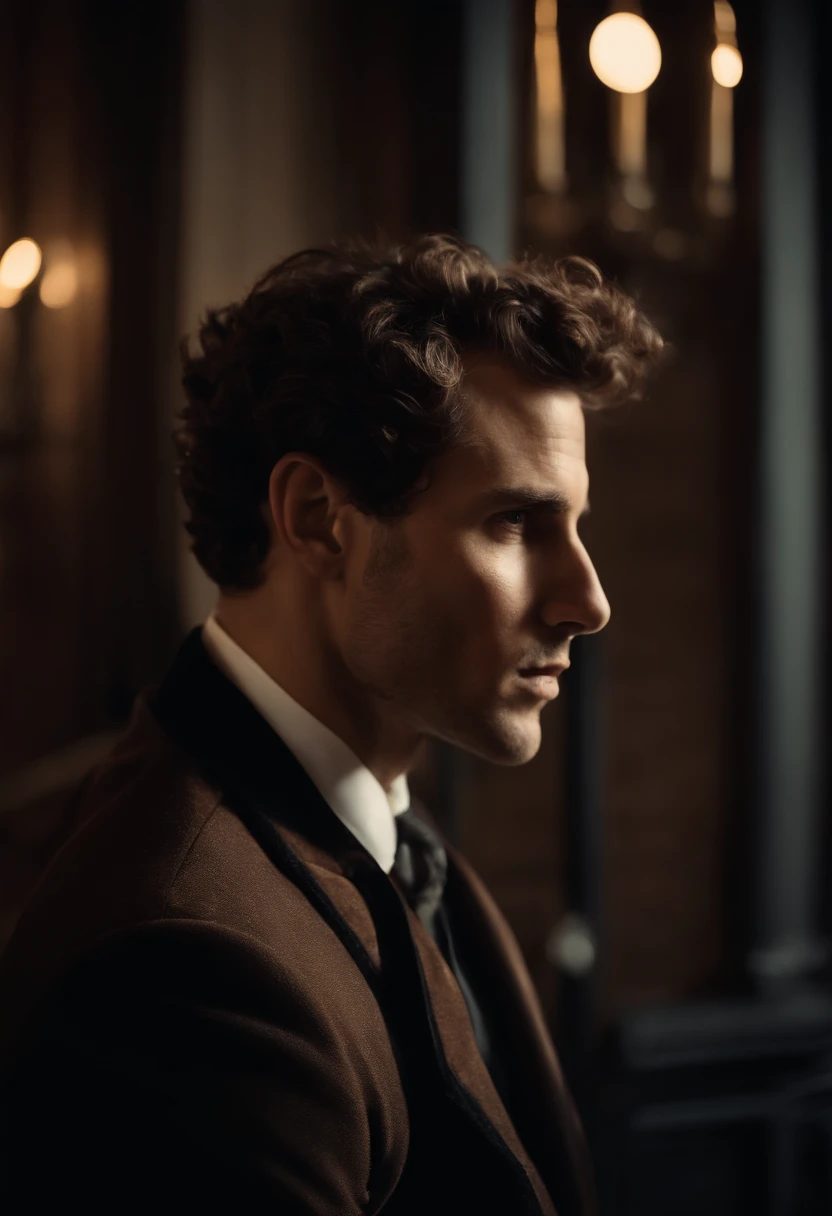 corps entier, wide-angle photo close-up portrait of the body of a handsome man , Grand et en forme, (40 ans:1.1), (shaven:1.2) , (curly very short brown hair:1.2),(very short hair:1.3). Dark brown tight velvet suit, (La veste a des motifs de fleurs noires:1.2). (posing outside the mansion with a luxury car:1.1), crowded street with cafes in the distance, Cold and dark sunset at dusk, (Edge Light:1.1),(Concentrez-vous sur les yeux), (angry look), (hard light on the skin:1.2), (ombres dures, dark themed, Contraste profond:1.1), (photographie de portrait par Annie Liebovitz), Dark mint theme and choral aesthetics, (skin imperfections)