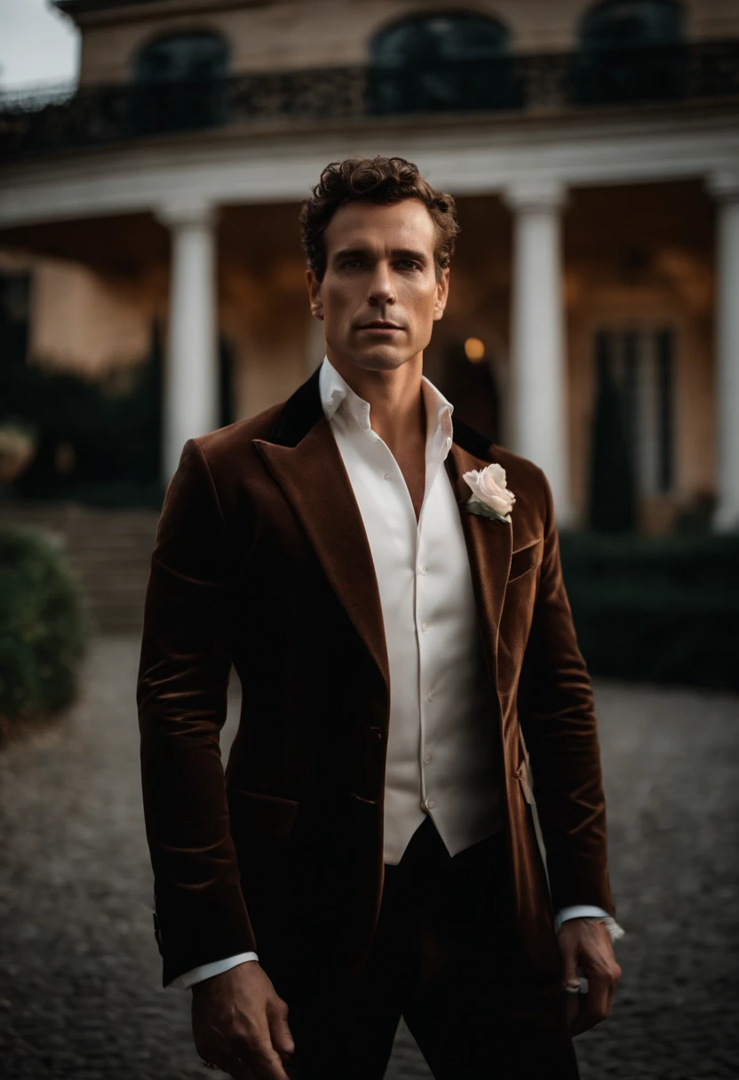 corps entier, wide-angle photo close-up portrait of the body of a handsome man , Grand et en forme, (40 ans:1.1), (shaven:1.2) , (curly very short brown hair:1.2),(very short hair:1.3). Dark brown tight velvet suit, (La veste a des motifs de fleurs noires:1.2). (posing outside the mansion with a luxury car:1.1), crowded street with cafes in the distance, Cold and dark sunset at dusk, (Edge Light:1.1),(Concentrez-vous sur les yeux), (angry look), (hard light on the skin:1.2), (ombres dures, dark themed, Contraste profond:1.1), (photographie de portrait par Annie Liebovitz), Dark mint theme and choral aesthetics, (skin imperfections)