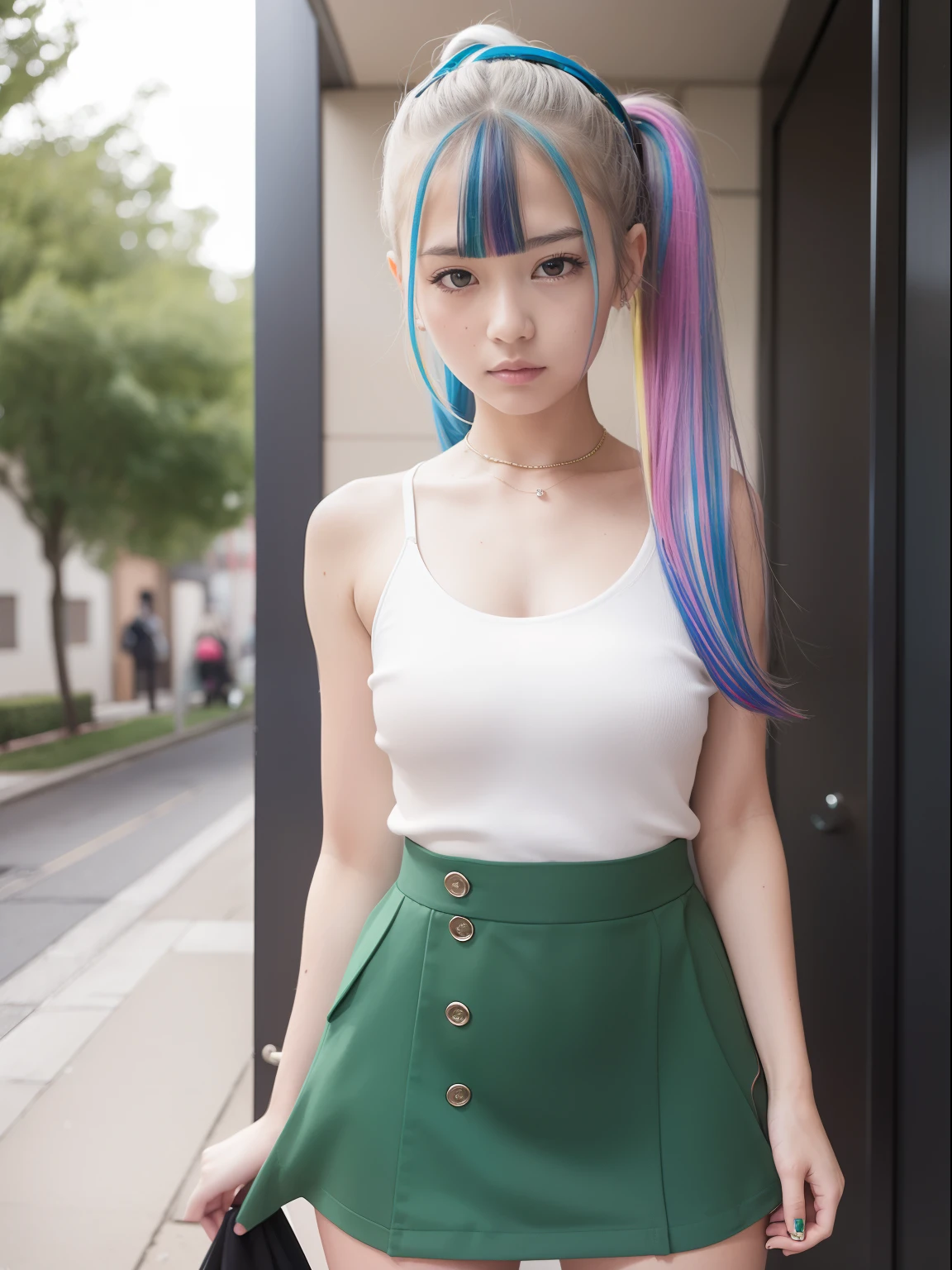 a 18 year old girl,masutepiece , Best Quality,Nahida(GenshinImpact) ,A large number of girls , tiny chest,Long hair ,Side Ponytail, Hair Ornament , White hair , Green hair , hand behind head:1.5,multicolored hair, elf , Multi-colored uniforms, Wearing a miniskirt ,Locker Room, Street,looking at the viewers