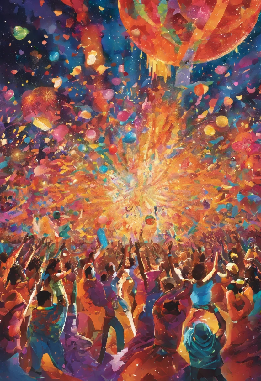 Forge an image of people reveling in a celebration that is irresistibly captivating, demanding the immediate attention of all who view it. This image should be a masterpiece of exuberance and artistic expression, leaving a profound and lasting impact.
At the heart of the composition, a diverse group of people exuberantly celebrates, their joy infectious and their expressions filled with delight. Each individual is meticulously portrayed, with colorful and striking attire that reflects the diversity of cultures and traditions coming together in celebration.
Surrounding the revelers, create an explosion of vibrant colors, confetti, and fireworks that light up the scene. The atmosphere is electric with energy, and the palpable excitement radiates from the image.
Illuminate the image with a dynamic interplay of light and shadow, capturing the essence of the celebration's intensity. The expressions of jubilation on the faces of the people should convey the sheer exhilaration of the moment, inviting viewers to partake in the festivities.
The backdrop should be a kaleidoscope of cultural symbols, music, and dance, all seamlessly interwoven to represent the universal language of celebration. This vibrant setting encapsulates the spirit of unity and joy that transcends boundaries.
Ultimately, this image serves as a powerful homage to the joy of communal celebration, encouraging viewers to embrace the universal spirit of togetherness and revelry. It is an image that not only captures the essence of the moment but also inspires observers to join in the festivities and celebrate life. --ar 16:9 --v 5