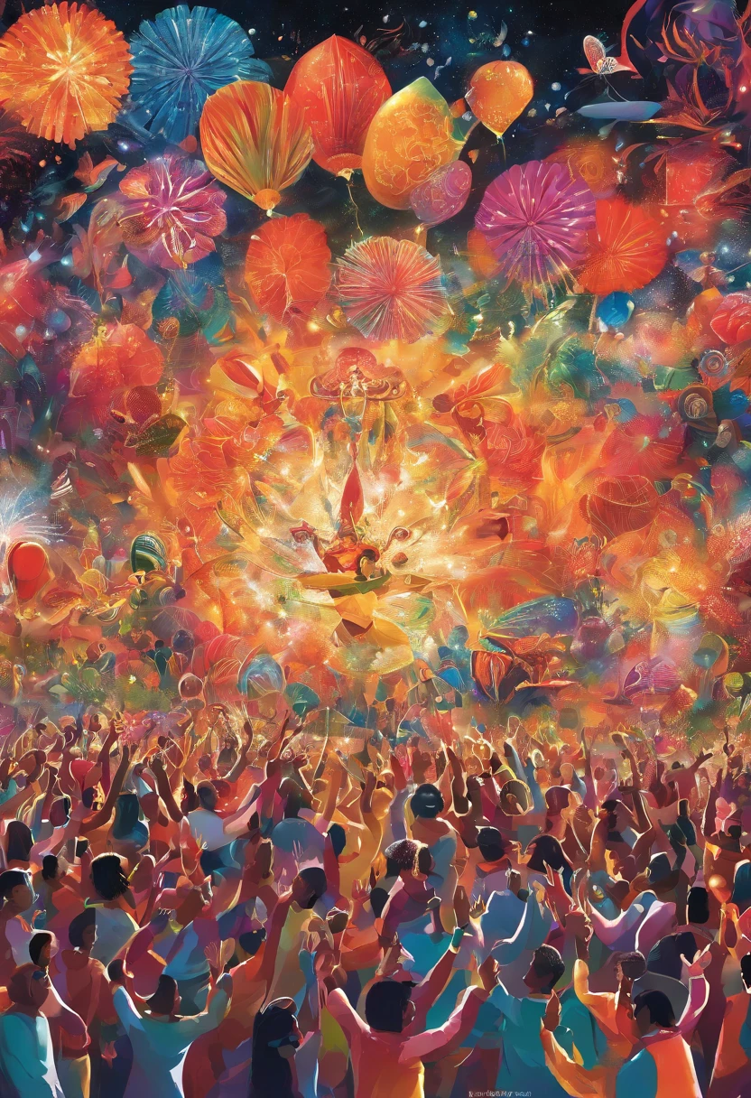 Forge an image of people reveling in a celebration that is irresistibly captivating, demanding the immediate attention of all who view it. This image should be a masterpiece of exuberance and artistic expression, leaving a profound and lasting impact.
At the heart of the composition, a diverse group of people exuberantly celebrates, their joy infectious and their expressions filled with delight. Each individual is meticulously portrayed, with colorful and striking attire that reflects the diversity of cultures and traditions coming together in celebration.
Surrounding the revelers, create an explosion of vibrant colors, confetti, and fireworks that light up the scene. The atmosphere is electric with energy, and the palpable excitement radiates from the image.
Illuminate the image with a dynamic interplay of light and shadow, capturing the essence of the celebration's intensity. The expressions of jubilation on the faces of the people should convey the sheer exhilaration of the moment, inviting viewers to partake in the festivities.
The backdrop should be a kaleidoscope of cultural symbols, music, and dance, all seamlessly interwoven to represent the universal language of celebration. This vibrant setting encapsulates the spirit of unity and joy that transcends boundaries.
Ultimately, this image serves as a powerful homage to the joy of communal celebration, encouraging viewers to embrace the universal spirit of togetherness and revelry. It is an image that not only captures the essence of the moment but also inspires observers to join in the festivities and celebrate life. --ar 16:9 --v 5