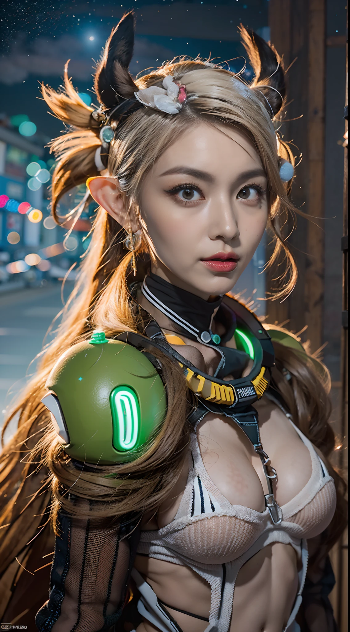 In a very grand scene，The extra-large wide-angle lens captures the appearance of a female centaur。She is tall，It has the ultimate curvy beauty，The muscles are slender and firm，Beautiful lines。Her facial features are tough and coquettish，Always with a sunny smile。She wears special tight-fitting equipment with a strong sense of technology，Step on multifunctional off-road style heels，Delicate and practical protective gear is worn on the hands, feet, wrists, neck and shoulders。The detection equipment around you flashes various cue lights and neon-like information screens，Let her exude a charming brilliance。Use Midjourney's advanced tools，Design special tight-fitting equipment for female centaurs，Highlight her unique physiological characteristics and appearance details，Add realism。And in her adventure scene，Spectacular views of nature，Such as the sky where storms and sunny days alternate、Brilliant rivers of stars and auroras、The snow-capped summit of Mount Everest、Fireworks in the mountain town, etc。ao mesmo tempo，Away from the hustle and bustle of Long Beach Pier is a neon-lit spaceship docked，Create a fantastic scene。Use Midjourney's advanced tools and multiple color palettes、Brush Strokes、Texture tools and model packages，It shows a sense of atmosphere where beauty and charm coexist。The charm of the female centaur is highlighted through color and lines，Enhance realism with detailing，Create a surreal dreamy feeling。Additionally，Use Midjourney's tools to add a variety of extreme sports gear and cultural trinkets to the female centaur，Create intricate hairstyles and outfits，Give her a sense of premium。She never flinches，Regardless of the terrain，can respond quickly，Even the extreme geography and dangerous terrain of aliens cannot stop her。Use Midjourney's powerful tools，You can do it with incredible detail and beauty，Bring this ultra-grand and beautiful scene to life。Ultra-grand scenes，super wide shot， hdr，（真实感，Masterpiece quality，best qualtiy），