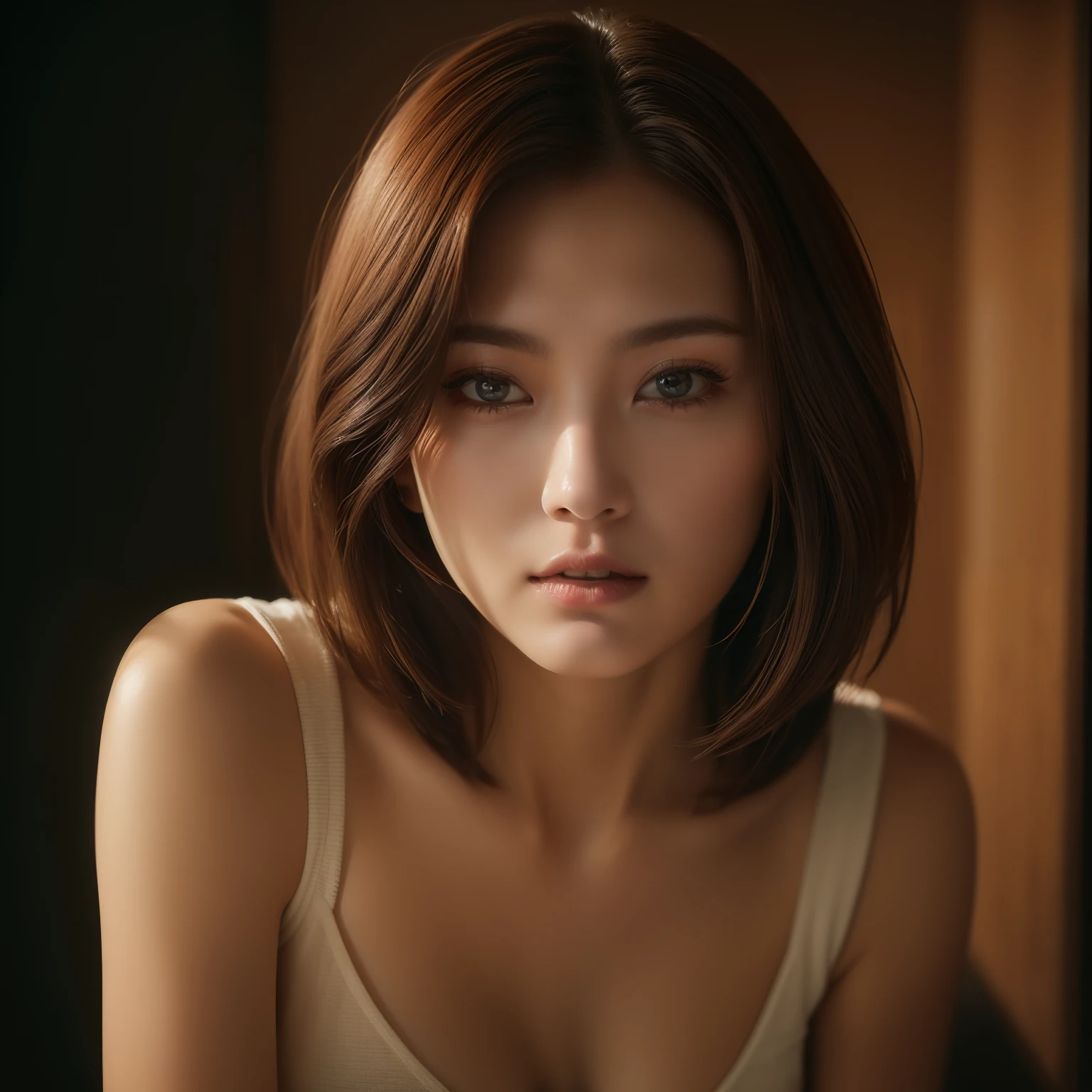 Drinking whiskey alone、Beautuful Women、Bob Hair、((top-quality、8K、masterpiece:1.3))、