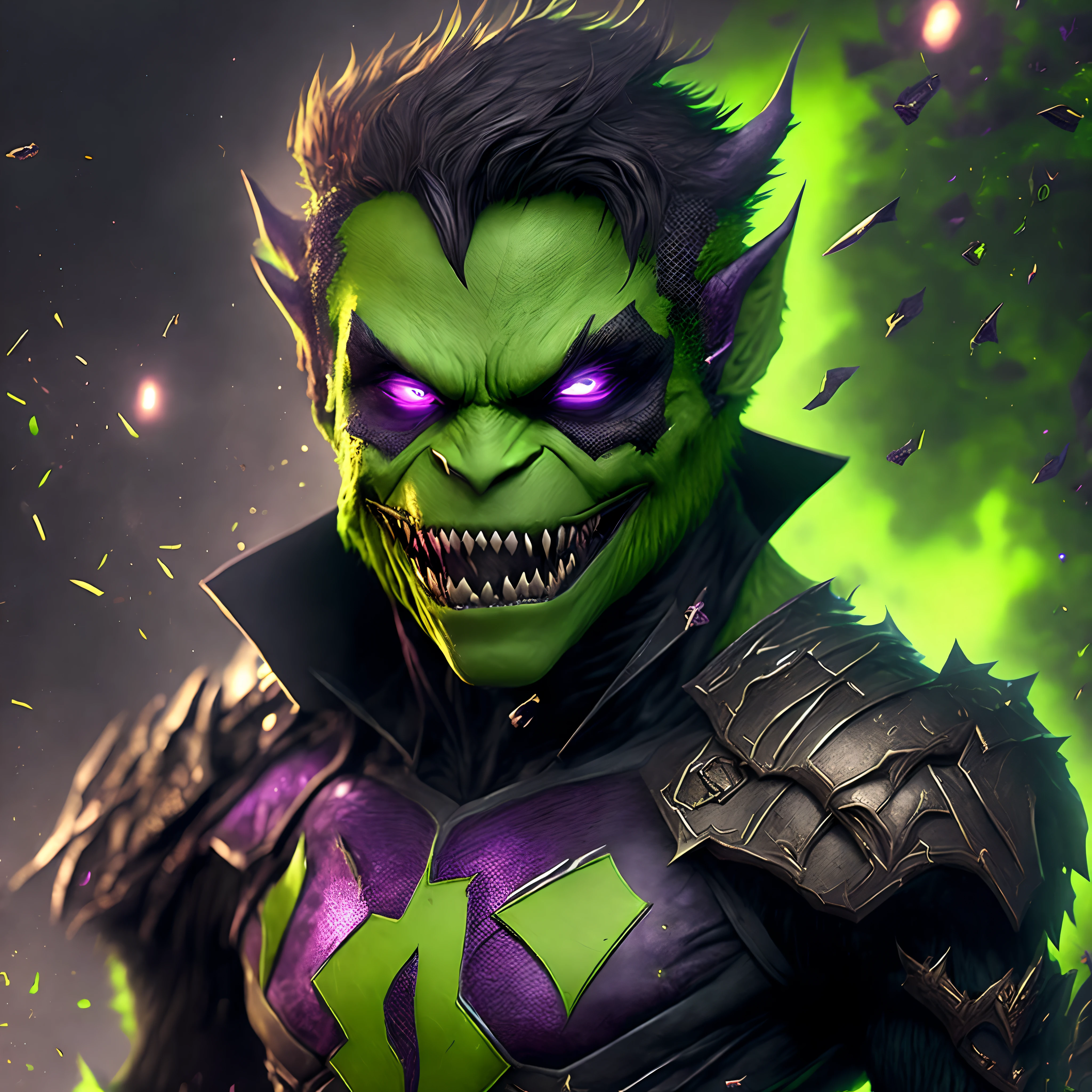 Close-up ( Beast boy from DC in Goth style: 1.3) emerging from the crazy monsters world, extremely detailed, smoke, sparks, metal shavings, flying debris, volumetric light