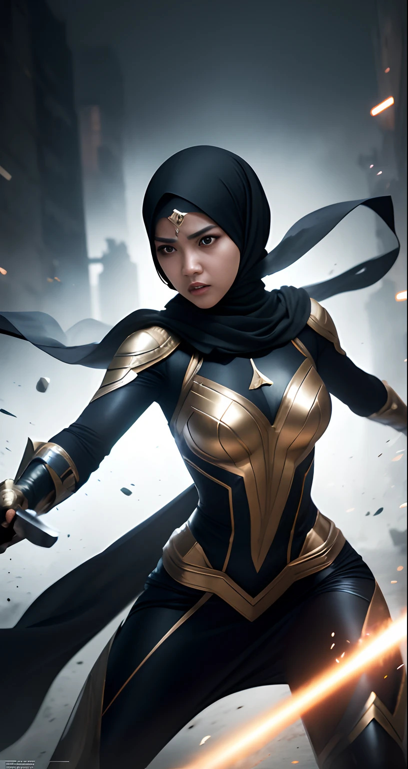 1 malay girl, solo,long big hijab, blue eyes, medium hijab, superhero, black and gold leotard, leggings, boots, hands on hip, top of building, very windy, city background, bokeh, nighttime, high quality, ultra detail, 8k, action pose, cinematic lighting, cinematic smoke, dramatic action, fighting pose, 35mm lense, Top Shot, Deep Focus cinematography effect, Natural Lighting, cool-toned color grading, high quality, ultra detail, 8k resolution,