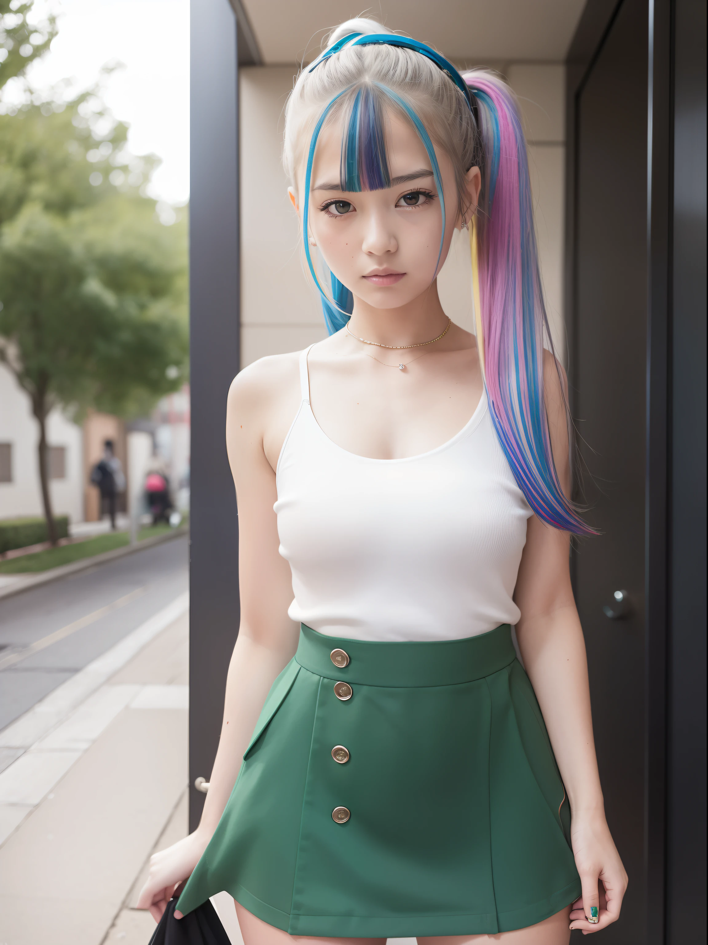 a 18 year old girl,masutepiece , Best Quality,Nahida(GenshinImpact) ,A large number of girls , tiny chest,Long hair ,Side Ponytail, Hair Ornament , White hair , Green hair , hand behind head:1.5,multicolored hair, elf , Multi-colored uniforms, Wearing a miniskirt ,Locker Room, Street,looking at the viewers