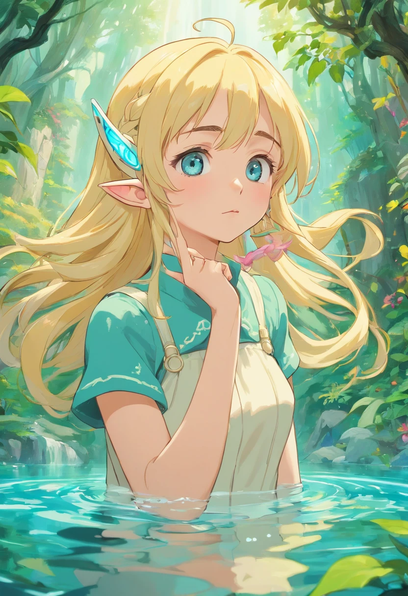 Blonde elf despairing at the sight of her cybernetic arms, in the style of tranquil gardenscapes, colorful animation stills, masami teraoka, aquamarine, paul gauguin, Embry style, honest portrayal