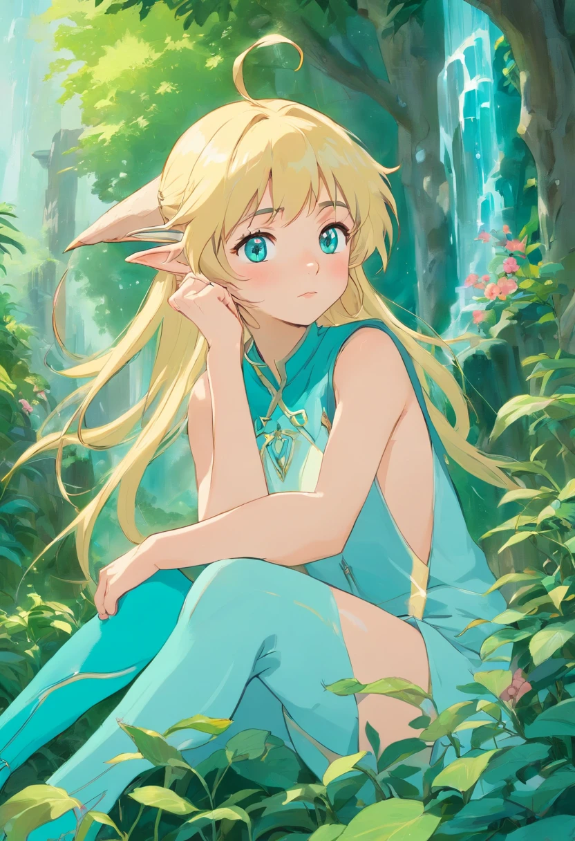 Blonde elf despairing at the sight of her cybernetic arms, in the style of tranquil gardenscapes, colorful animation stills, masami teraoka, aquamarine, paul gauguin, Embry style, honest portrayal