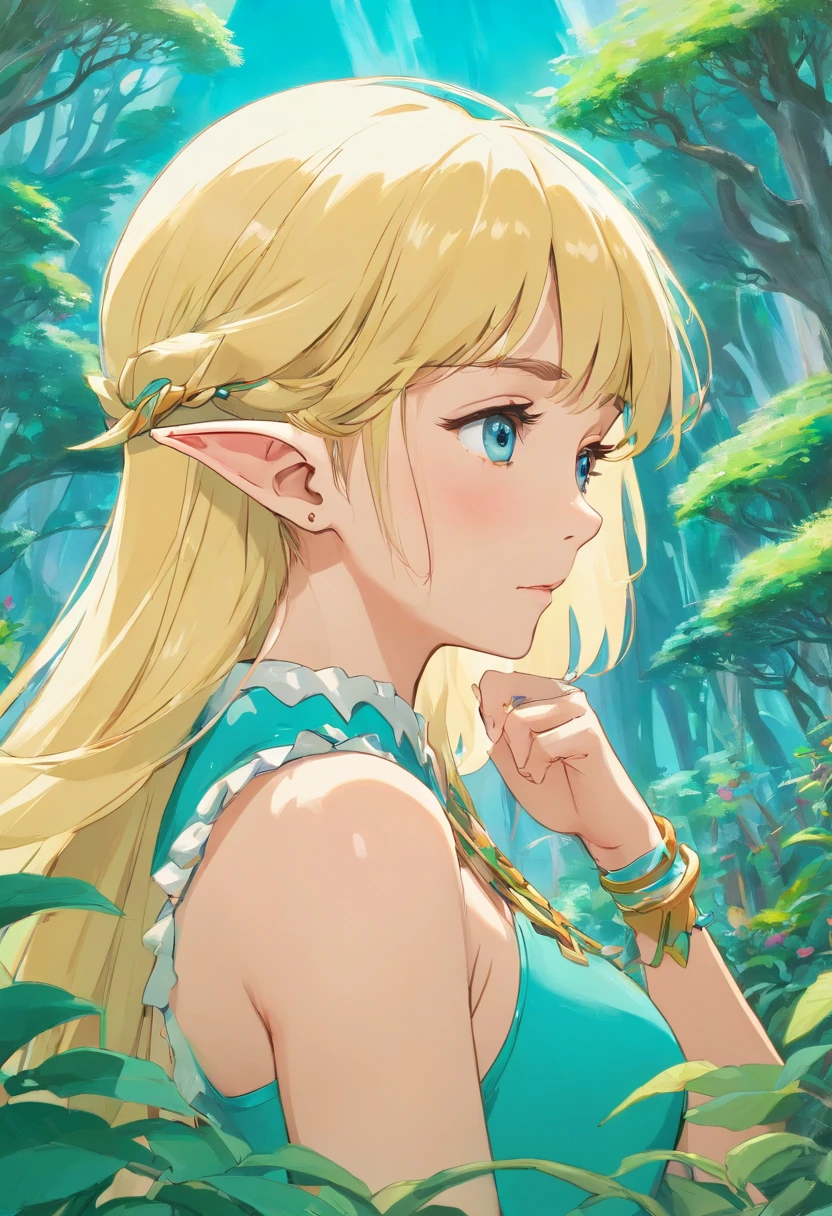 Blonde elf despairing at the sight of her cybernetic arms, in the style of tranquil gardenscapes, colorful animation stills, masami teraoka, aquamarine, paul gauguin, Embry style, honest portrayal