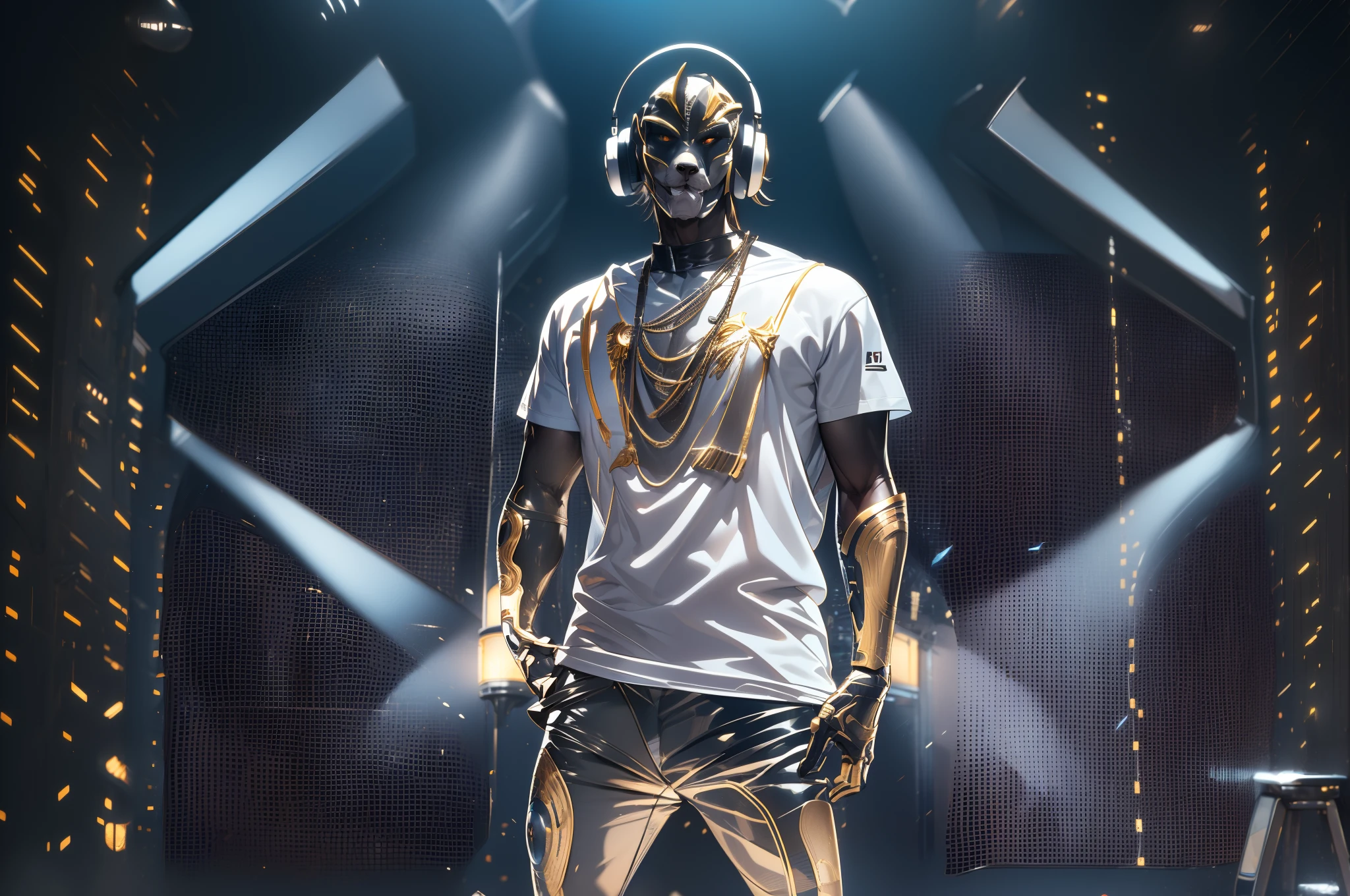 (Ultra-high detail, 16K resolution, movie footage, octane rendering), An anthropomorphic white husky, Robust body，A skinny T-shirt accentuates the figure，Wear a T-shirt,necklace gold，hands up to set the mood, hands out of the frame, wearing silver DJ headphones, shiny silver sequined T-shirt, (iconic hip-hop pop outfit :1.3), smiling as he dons the stage. Standing in front of the DJ equipment for a full body shot, the spotlight shines on the female DJ. Disco lighting realistic style photography