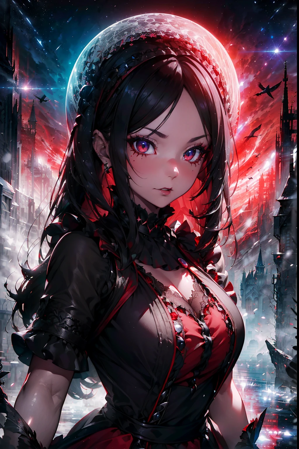 Face focus,,,,1 girl,,, blue eyes,,, blue hair,,,, black rob,,,, exposed,,,,, perfect breast,,,,,dynamic pose,,,,, {{{spooky scary night view}}} , (((red moon))), ((golden trees)),,, ultra sharp, ultra realistic detailed, ray tracing cinematic shot