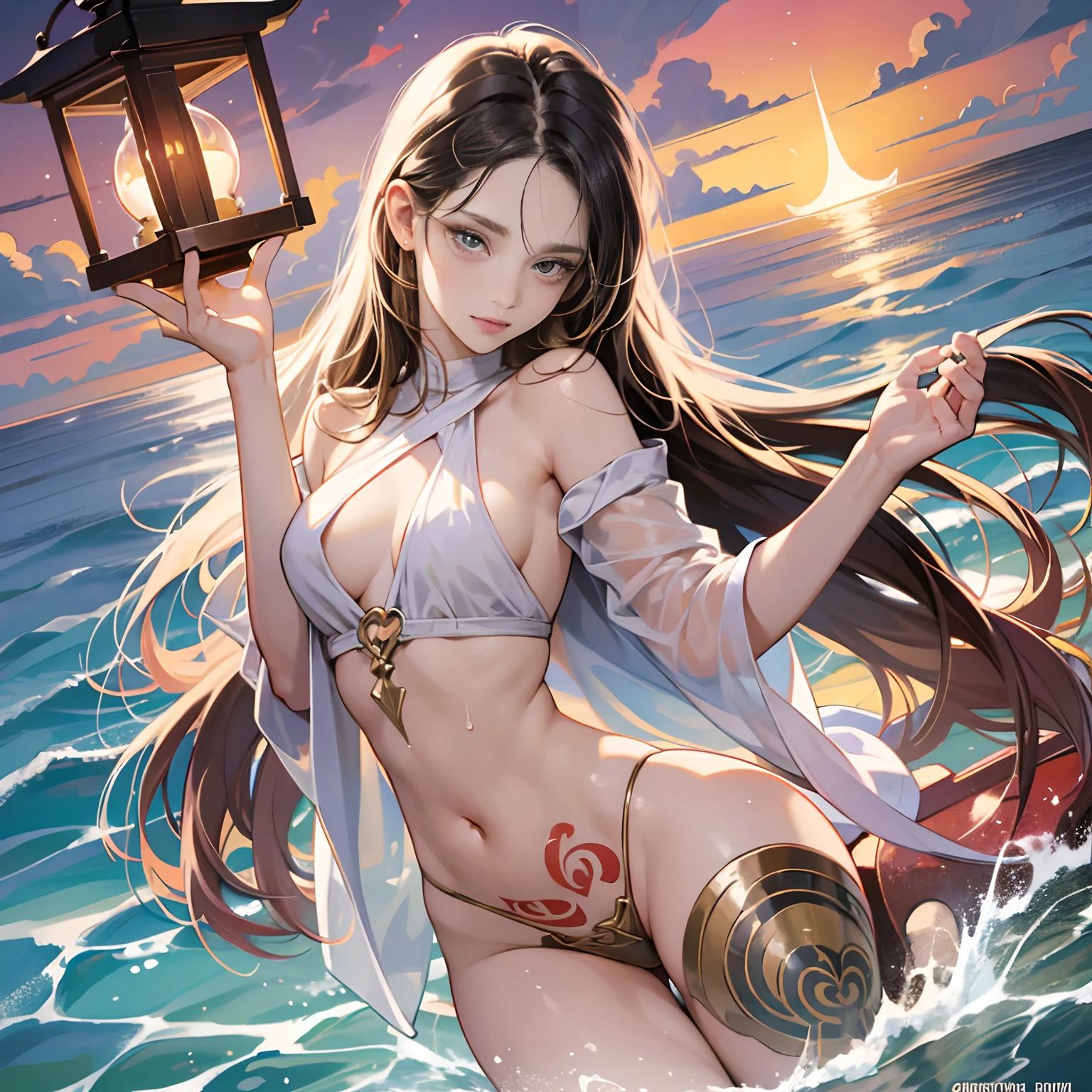 girlish, Enormes pechos detallados, Llamativo cabello blanco, cabello fino, bikini, labios rosados, Pechos sexys, cuerpo sexy, boca sexy, nariz rosada delgada, Hermosos ojos, Chica anime, grande, muslos medianos, Aspecto caliente, Cara enrojecida, ultra realista, cuerpo sensual, Ultra-detailed illumination, Photon illumination, Location (Playa), Moist body, hermosa pared, bikini blanco, sudar, piel brillante, cuerpo sexy, bonito trasero, Rear view, Butt bending, Posando a tope, sosteniendo bragas ,beautiful goddess emerging from the ocean, caucasian girl with shiny silver hair, full female body, golden eyes, wild waves, big waves, oriental mandala tattoos, transparent dresses, skin wet with water, stormy sky, sunset sky red stormy clouds, ancient temple floating in the sea, floating old clock, lamp, lantern, beautiful girl with a slight smile, transparent blouse, black vikini, fantasy, fractal,, Sakimichan-style art, slight smile, legs open, pubic hair view, 1 sexy girl, exposed breasts, open transparent T-shirt, Mandala and flower tattoos, Best Quality ,black hair fused with platinum and gold, naked girl, visible beautiful pubic area, pink pesons, small breasts in sight, tattoos on the naked body, old floating clock, lamp, lantern , skin wet with water, open legs,multicolored sea waves, full body, sea goddess rising from water and waves,, beautiful girl closeup view,, Belinda, blonde brown hair, dappled sunlight, luminescent glow orange cyan liquid lamp, liquid splash art, sky with storm and a psychedelic nebula silhouette, tribal, wide angle shot, red, green, brown, luminescent glow colors liquid, digital painting, by Koos Roos art, sharp focus, studio shot, intricate detail, effect splash, small bubbles floating, highly detailed, sharp focus, studio shot, intricate detail, highly detailed, by Koos Roos, multicolored ocean, psychedelic moving waves, long hair fused into multicolored sea waves, light lantern, lamp and antique clock,water-soaked skin