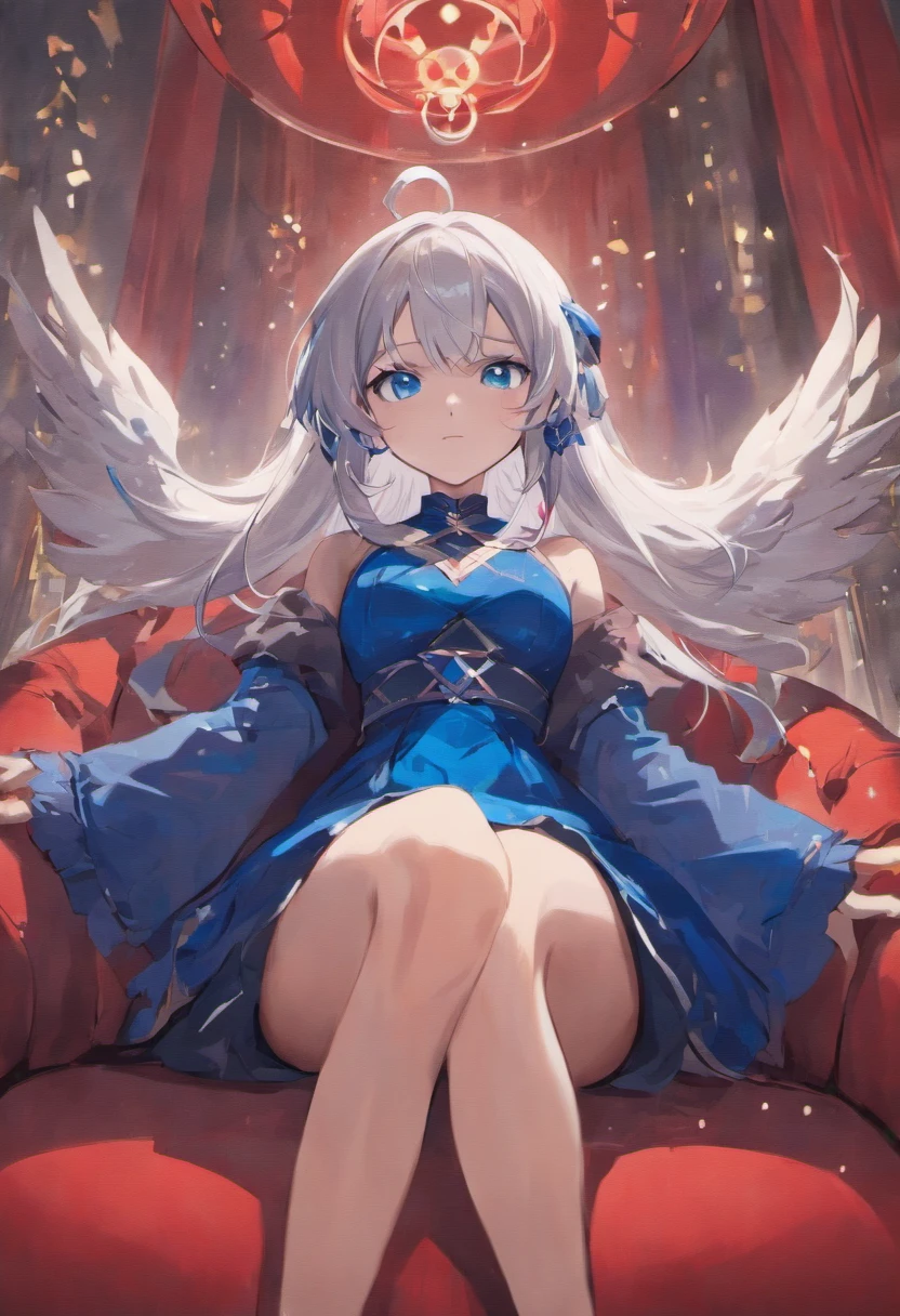 Girl, silver hair, sapphire blue eyes, beautiful and graceful. Sitting on a red sofa. 8k ULTRA HD.