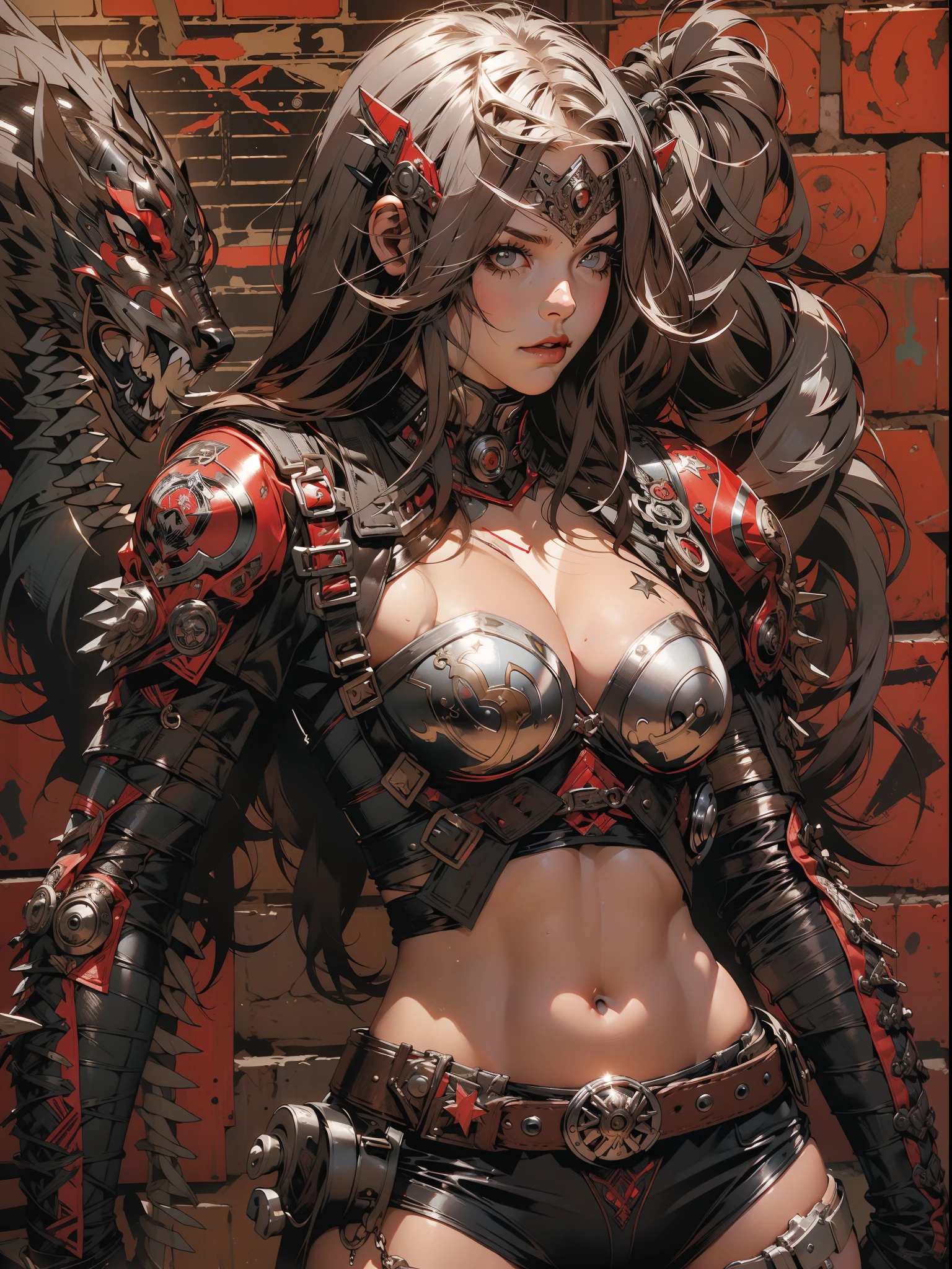 (((mulher))), (((melhor qualidade))), (((obra prima))), (((adulto))), (((1girl))), ((( corte de cabelo moicano ))), Uma gladiadora cyberpunk mulher de 25 anos com corpo perfeito, armadura alien, H.R. Giger style, shoulder pads with metal spines, Gladiadores do Brooklyn, (( corte de cabelo moicano )), tiny leather panties, camiseta de time de rugby rasgada, quase nua no estilo selvagem urbano de Simon Bisley para a capa da revista Heavy Metal, Cabelo loiro curto, Minimum clothing, Metal protection on the left arm with intricate graphics, Dark red with white stars and black and white checkerboard pattern, armadura, cheio de pontas e rebites, (((do joelho pra cima))), cabelos loiro branco curto, no fundo uma parede pintada por Shepard Fairey com um design intrincado