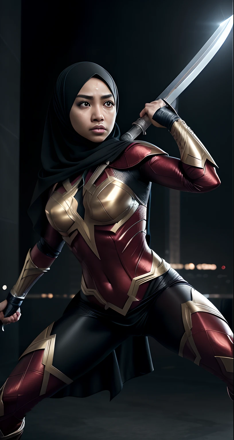 Compose a striking photography artwork featuring a matured Malay girl in hijab dressed as a superhero, wielding a blade as her weapon, caught in an intense and dynamic fighting action pose. Utilize dramatic lighting and high-speed photography techniques to freeze the action and highlight the details of her costume and blade. Incorporate a backdrop that conveys the urgency of the battle, with elements that enhance the heroic ambiance. Capture the strength and determination in her expression, emphasizing the empowerment and courage of this modern-day superheroine