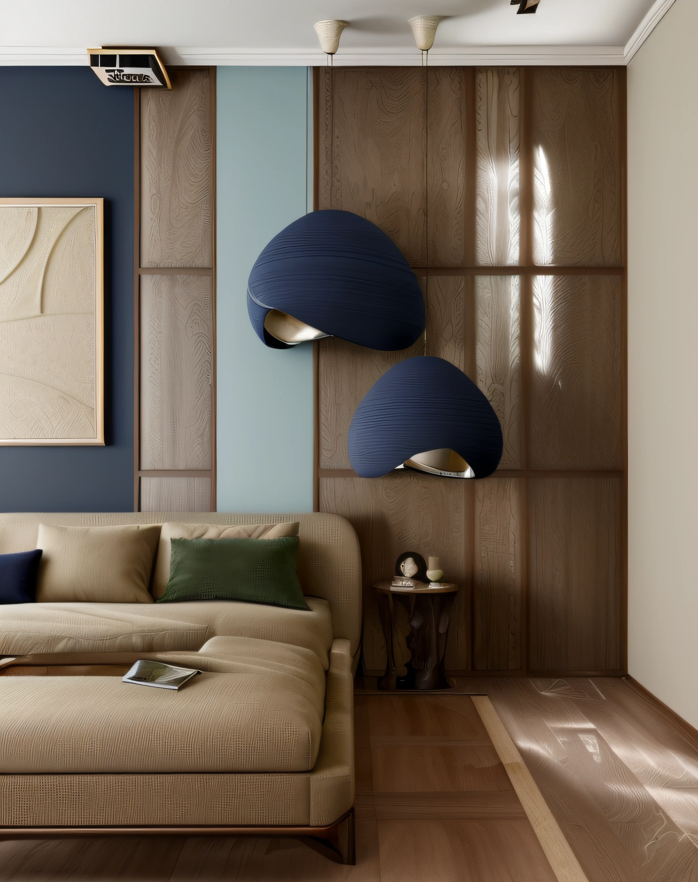RAW photo, interior classic style, (high detailed skin:1.2), 8k uhd, dslr, (natural light:1.2), high qualityPlease generate a detailed and unique image of the living room in a Japandi-style apartment. The room should embody the essence of Japandi with warm and bright natural wood tones, emphasizing the wood's beautiful grain patterns. The floor should consist of opulent tiles or luxurious marble cladding with elegant cloud-like patterns. Incorporate both modern LED lighting and a contemporary chandelier to create a well-lit space. The sofa, ideally in a refined textile, should complement the interior furnishings. Choose modern, sleek curtains in a sophisticated shade of navy blue to create a contemporary contrast. Ensure that the room is flooded with authentic and crisp natural light, enhancing the colors and textures of the interior elements. To introduce a unique twist, incorporate a monochromatic wood paneling that spans the walls. Decorative elements in pastel blue, moss green, deep plum, and other standout colors should be strategically placed throughout the room. Please ensure that the room radiates an atmosphere of Japandi harmony, sophistication, and creativity, where the interplay of natural light, wood textures, and unique color accents creates a stunning representation of the Japandi apartment living room