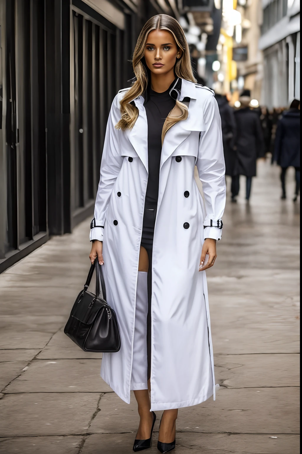 Woman in white coat walking in a large building with people in the background, casaco de trincheira e terno, vestindo trenchcoat, she is wearing a wet coat, m, usando um trench coat de couro, vestido com um velho casaco branco, trench coat de couro, vestindo trenchcoat de couro preto, Do novo filme de John Wick, estilo de carbono alterado, usando um trenchcoat, Mikayla Demaiter