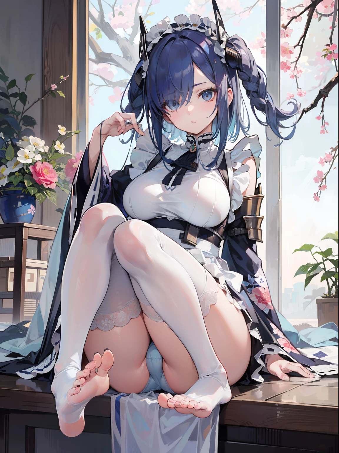 Best Quality, (Extremely detailed: 1.5), masutepiece, 超A high resolution,(photographrealistic:1.4), 1 girl, Cowboy Shot, (G-string underwear:1.4), (Wear battle armor:1.6), (Floral light blue kimono:1.6), (maid:1.6), Light blue maid micro skirt, Light blue hair, (hair messy:1.2), (two side up:1.6), (Big eyes:1.1), (Raw feet:1.3), Wind, Dynamic Angle, Cute Pose, From  above