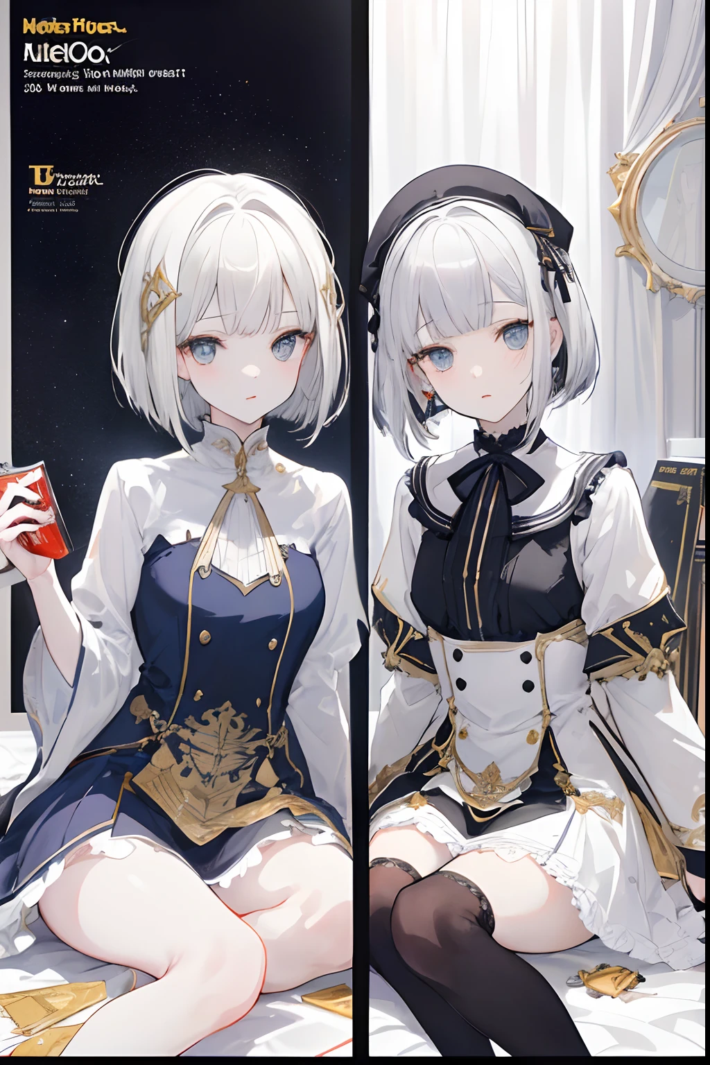 (masuter piece,Best Quality,Ultra-detailed), (A detailed face), hight resolution, ((twinsies)), 2girls, (front-facing view), White hair, (gray hair with bangs), (bob cuts), Two-tone hair, Gold Eye, Girls' School Uniforms, Red ribbons,White socks, (Beautiful Detail Eye: 1.1), (Detailed hand), (Detail light: 1.1), Film Light, Pale skin type, (looking at the viewers), (magazine:1.3), (cover-style:1.3), Textured skin, Super Detail, Tarot Boundary, border, Alfonse Mucha, Dynamic streaks, locus:1.2, Dim color scheme