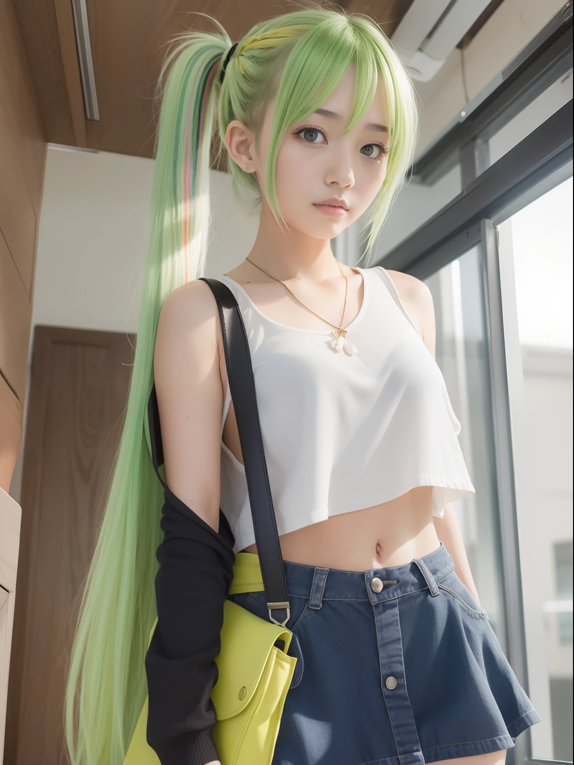 a 18 year old girl,masutepiece , Best Quality,Nahida(GenshinImpact) ,A large number of girls , tiny chest,Long hair ,Side Ponytail, Hair Ornament , White hair , Green hair , hand behind head:1.5,multicolored hair, elf , Multi-colored uniforms, Wearing a miniskirt ,Locker Room, Street,looking at the viewers