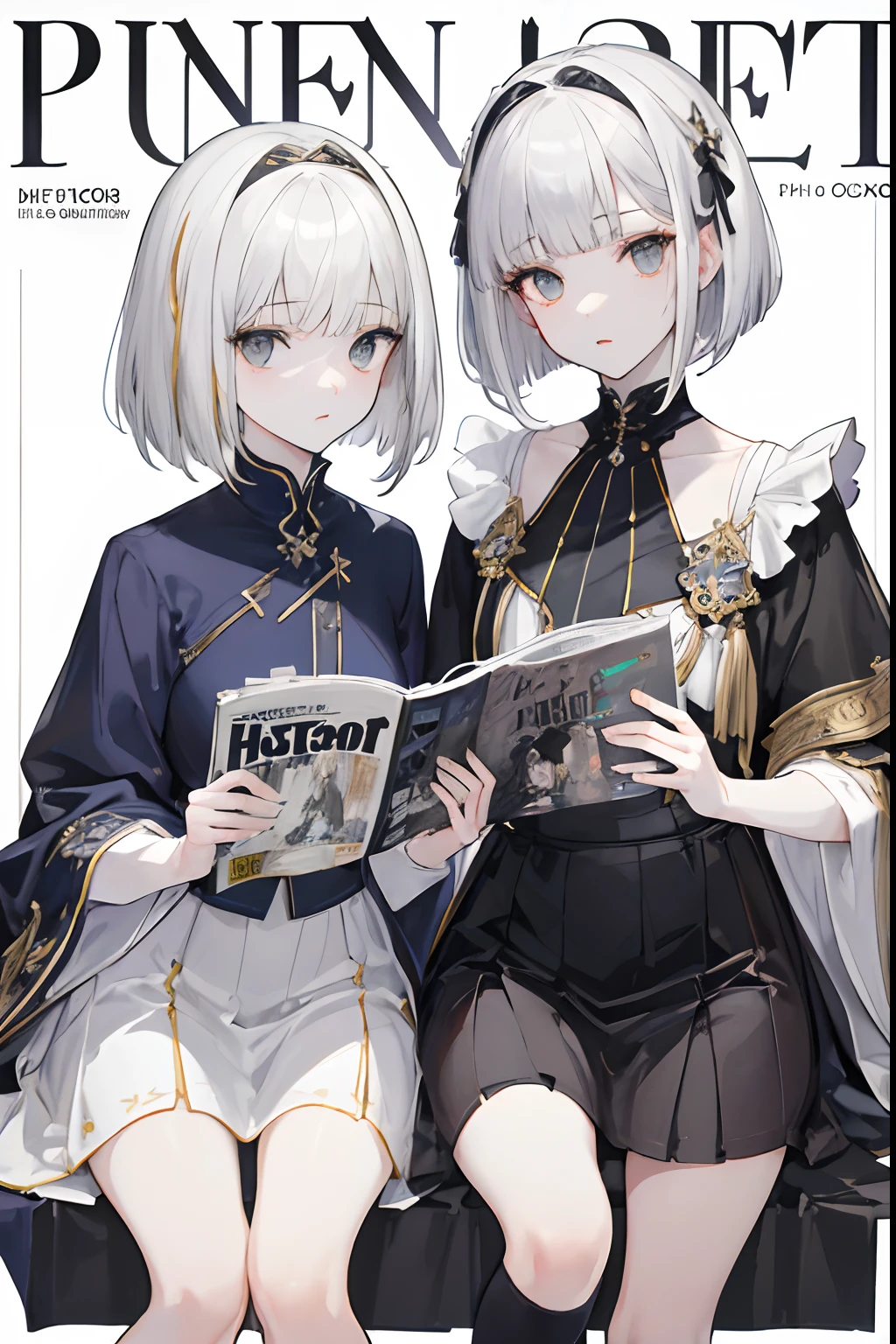 (masuter piece,Best Quality,Ultra-detailed), (A detailed face), hight resolution, ((twinsies)), 2girls, (front-facing view), White hair, (gray hair with bangs), (bob cuts), Two-tone hair, Gold Eye, Girls' School Uniforms, Red ribbons,White socks, (Beautiful Detail Eye: 1.1), (Detailed hand), (Detail light: 1.1), Film Light, Pale skin type, (looking at the viewers), (magazine:1.3), (cover-style:1.3), Textured skin, Super Detail, Tarot Boundary, border, Alfonse Mucha, Dynamic streaks, locus:1.2, Dim color scheme