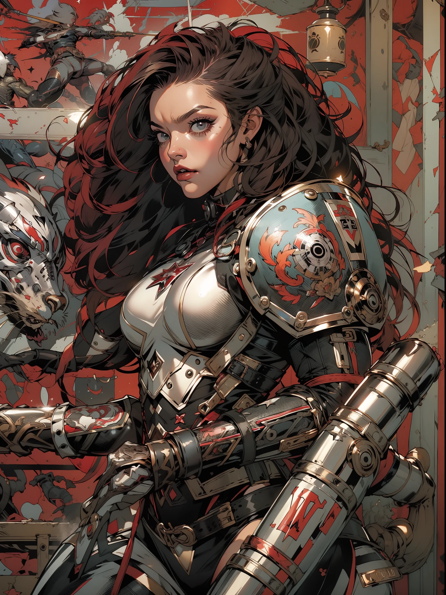 (((mulher))), (((melhor qualidade))), (((obra prima))), (((adulto))), (((1girl))), ((( corte de cabelo moicano ))), Uma gladiadora cyberpunk mulher de 25 anos com corpo perfeito, alien armor, h.r. Estilo Giger, shoulder pads with metal spines, Gladiadores do Brooklyn, (( corte de cabelo moicano )), tiny leather panties, camiseta de time de rugby rasgada, quase nua no estilo selvagem urbano de Simon Bisley para a capa da revista Heavy Metal, Cabelo loiro curto, Minimum clothing, Metal protection on the left arm with intricate graphics, Dark red with white stars and black and white checkerboard pattern, armadura, cheio de pontas e rebites, (((do joelho pra cima))), cabelos loiro branco curto, no fundo uma parede pintada por Shepard Fairey com um design intrincado
