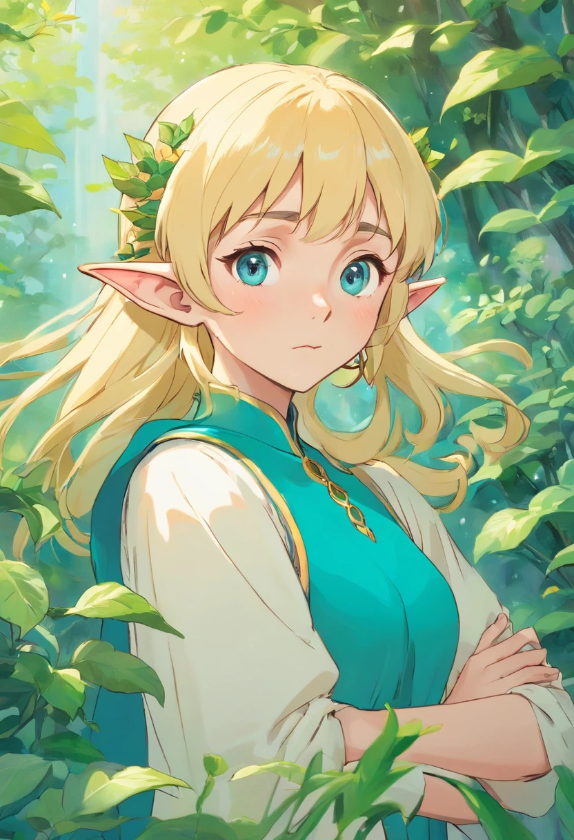 Blonde mature elf, despaired face, cybernetic arms, in the style of tranquil gardenscapes, colorful animation stills, masami teraoka, aquamarine, paul gauguin, Embry style, honest portrayal