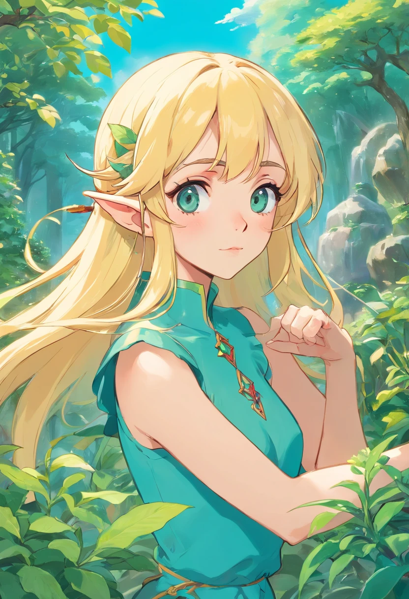 Blonde mature elf, despaired face, cybernetic arms, in the style of tranquil gardenscapes, colorful animation stills, masami teraoka, aquamarine, paul gauguin, Embry style, honest portrayal
