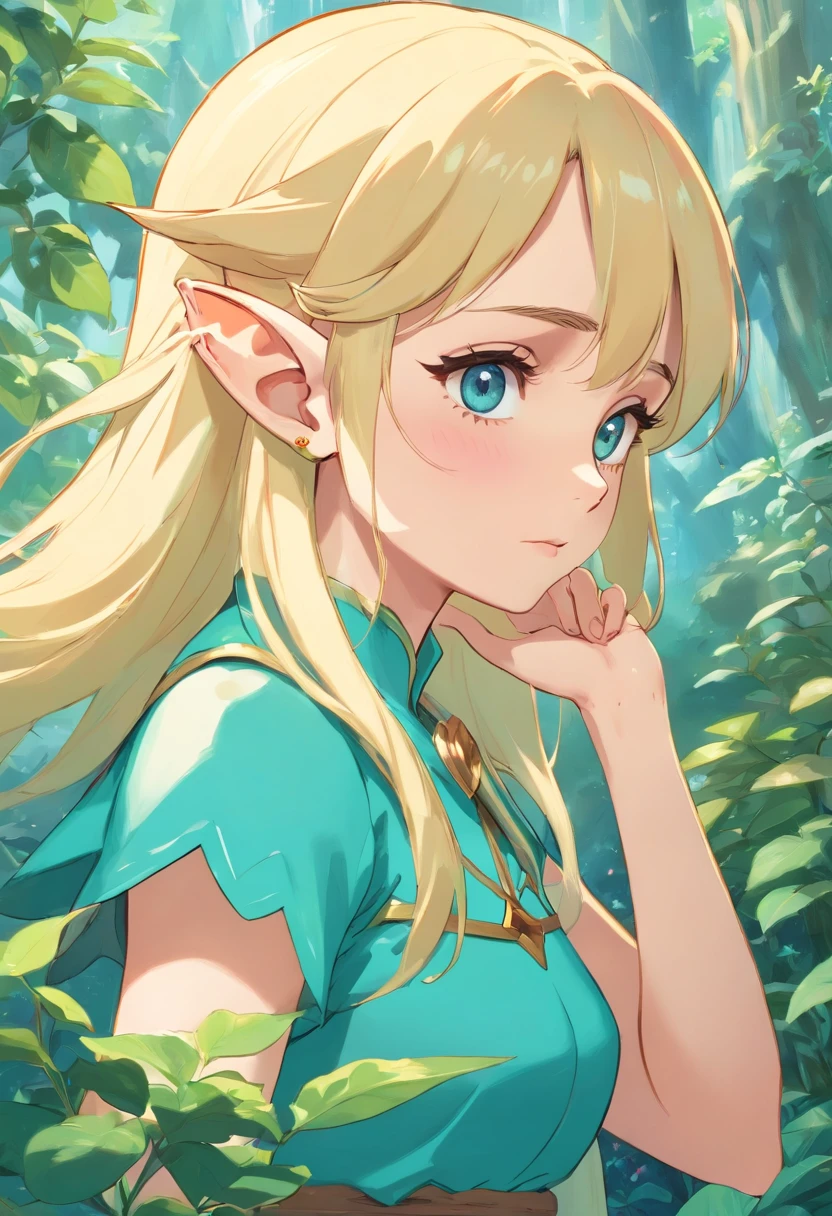 Blonde mature elf, despaired face, cybernetic arms, in the style of tranquil gardenscapes, colorful animation stills, masami teraoka, aquamarine, paul gauguin, Embry style, honest portrayal