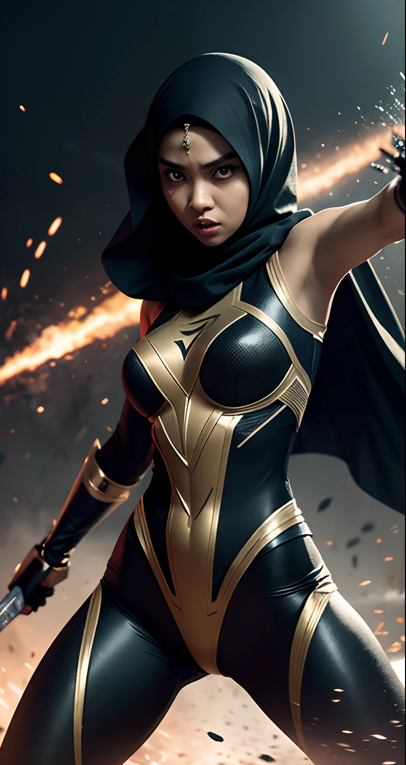 Compose a striking photography artwork featuring a Malay girl in hijab dressed as a superhero, wielding a blade as her weapon, caught in an intense and dynamic fighting action pose. Utilize dramatic lighting and high-speed photography techniques to freeze the action and highlight the details of her costume and blade. Incorporate a backdrop that conveys the urgency of the battle, with elements that enhance the heroic ambiance. Capture the strength and determination in her expression, emphasizing the empowerment and courage of this modern-day superheroine