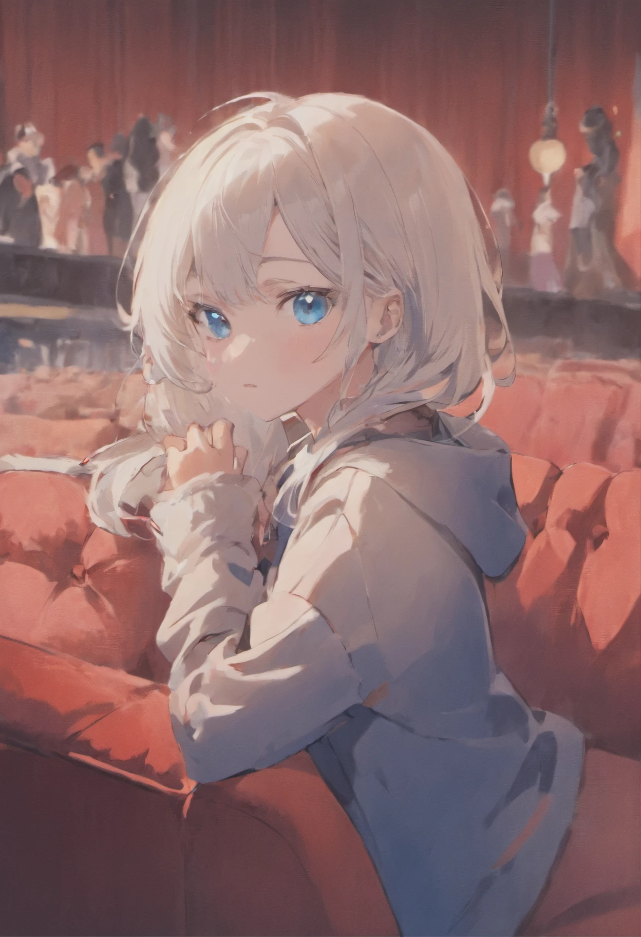 Girl, silver hair, sapphire blue eyes, beautiful and graceful. Sitting on a red sofa. 8k ULTRA HD.