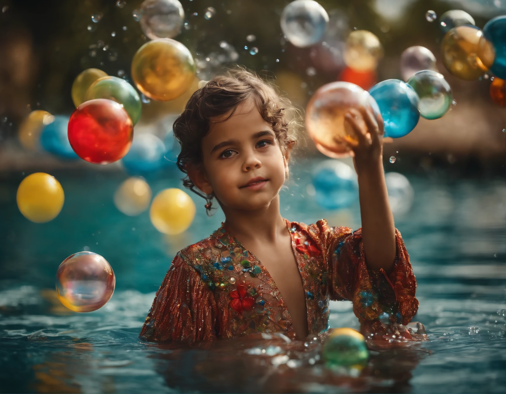 1garota linda, Maga manipulating water with his hands, water floating in bright bubbles, multi-layered clothing, clothes with decorations wearing jewelry, expression of innocence and joy