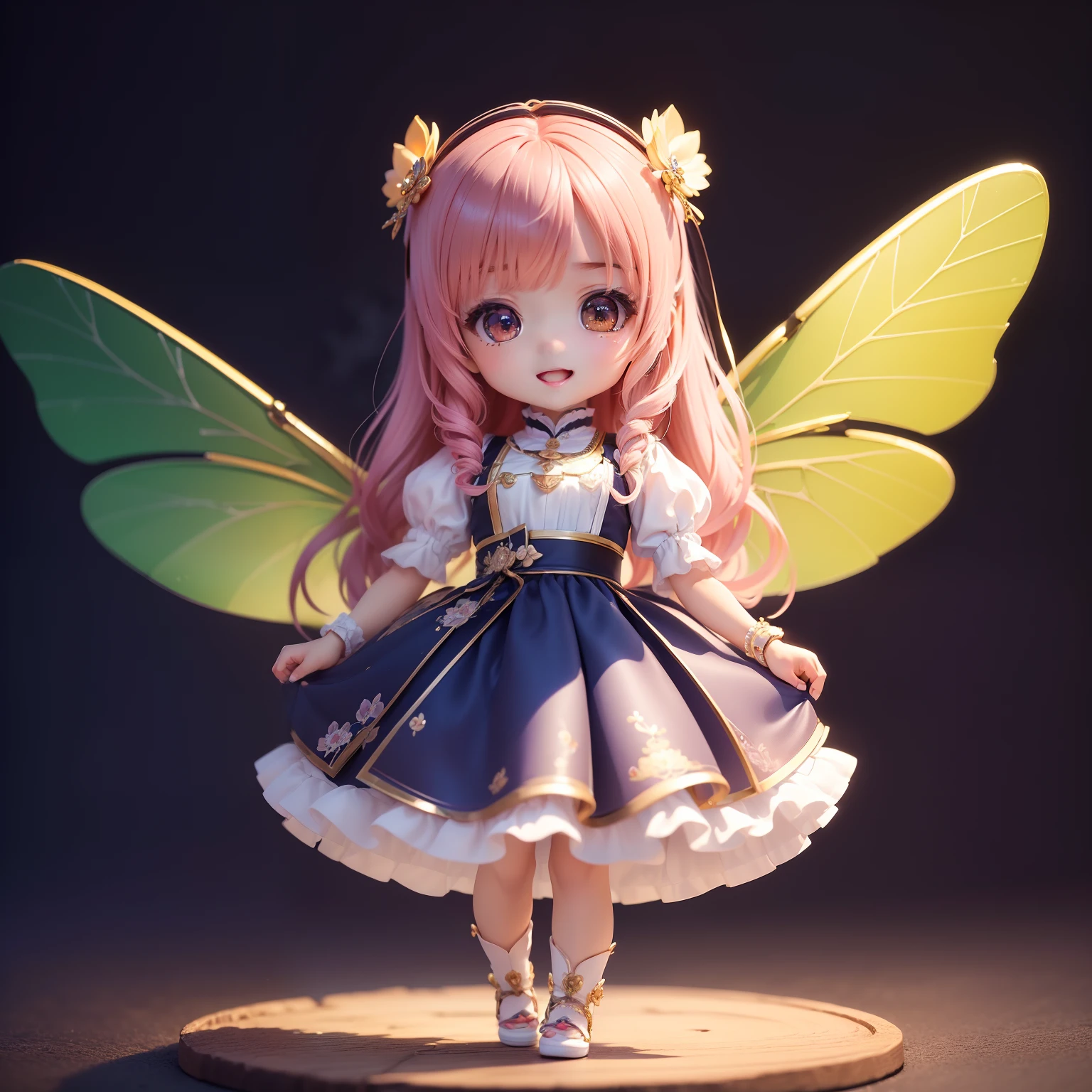 (((Super masterpiece、top-quality、ultra-detailliert、1人、Chibi:1.5)))、Dragonfly wings grow on the back、nighttime scene、Open your mouth and smile、Jumping