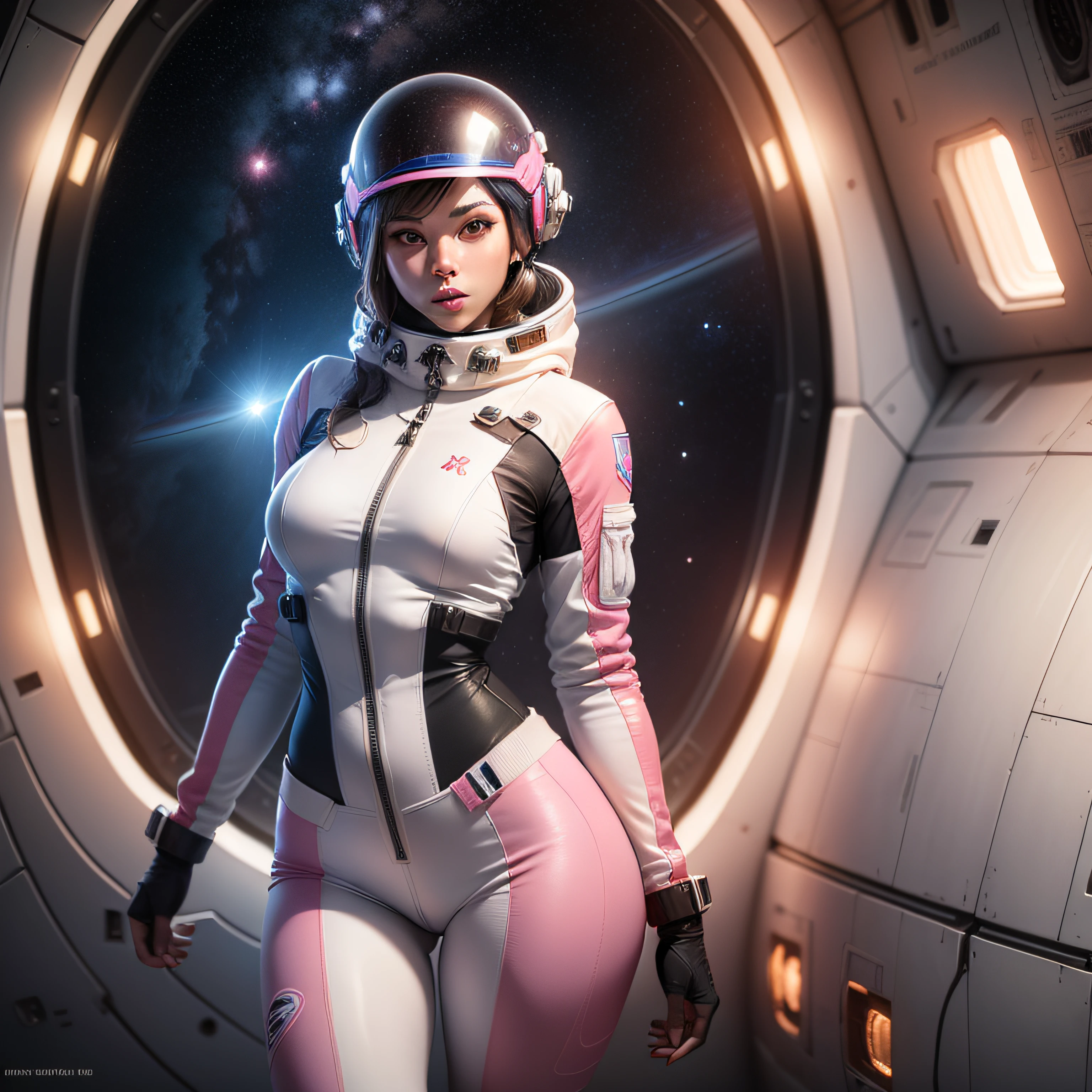 "(Highest image quality), (incredibly detailed), (photo-realistic:1.1) 1girl, depicting a female space marine cadet, skin tight skimpy space suit, white and pink space suit, glowing pink neon, erotic, seductive, sleek futuristic helmet, beautiful face, space, universe, strange planet."