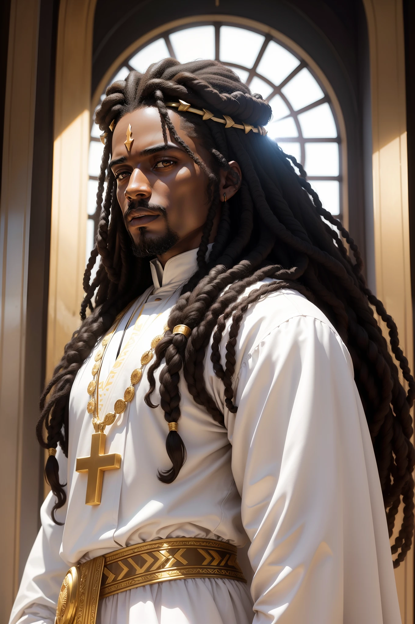 black man  jesus christ black with a very strong divine light on his head long hair rasta fary honey brown eyes in white traditional clothes of the time quality 4k hd super realistic cinematic portrait in a city in today's times 2023 a poster with the words ,,the world it will never be the same... with its black and white apostles around it