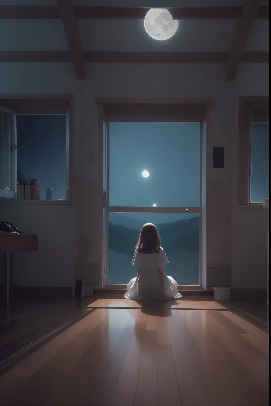 A girl , Sit alone in the empty room, by darkness and good moonlight (best quality:1.3), (highres:1), (detailed:1.3), (incredible:1.3), (perfect:1.3), (perfection:1.3), (volume cover art:0), (illustration:1.3), art by Studio Ghibli.